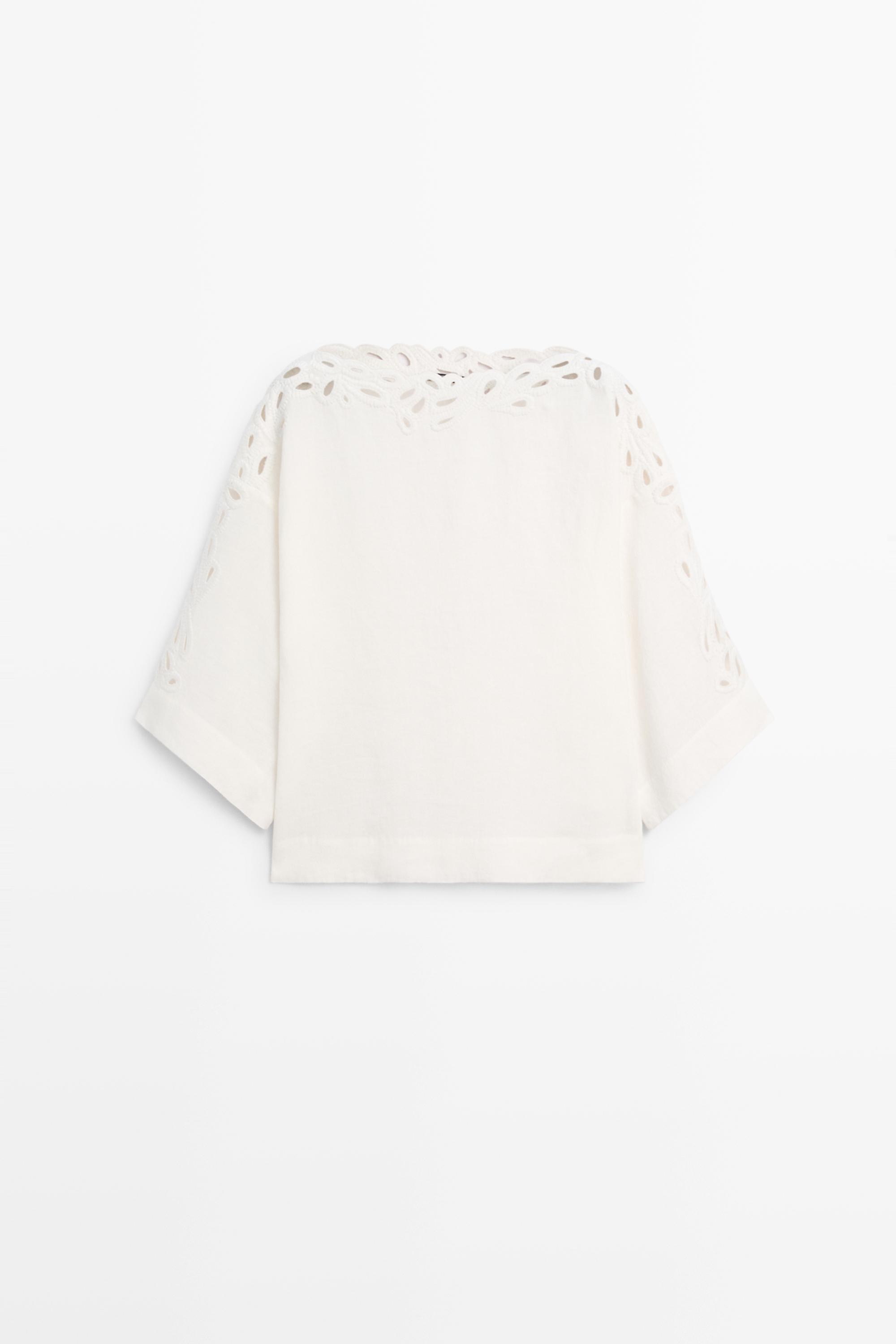 Linen boat neck blouse with embroidery Cream