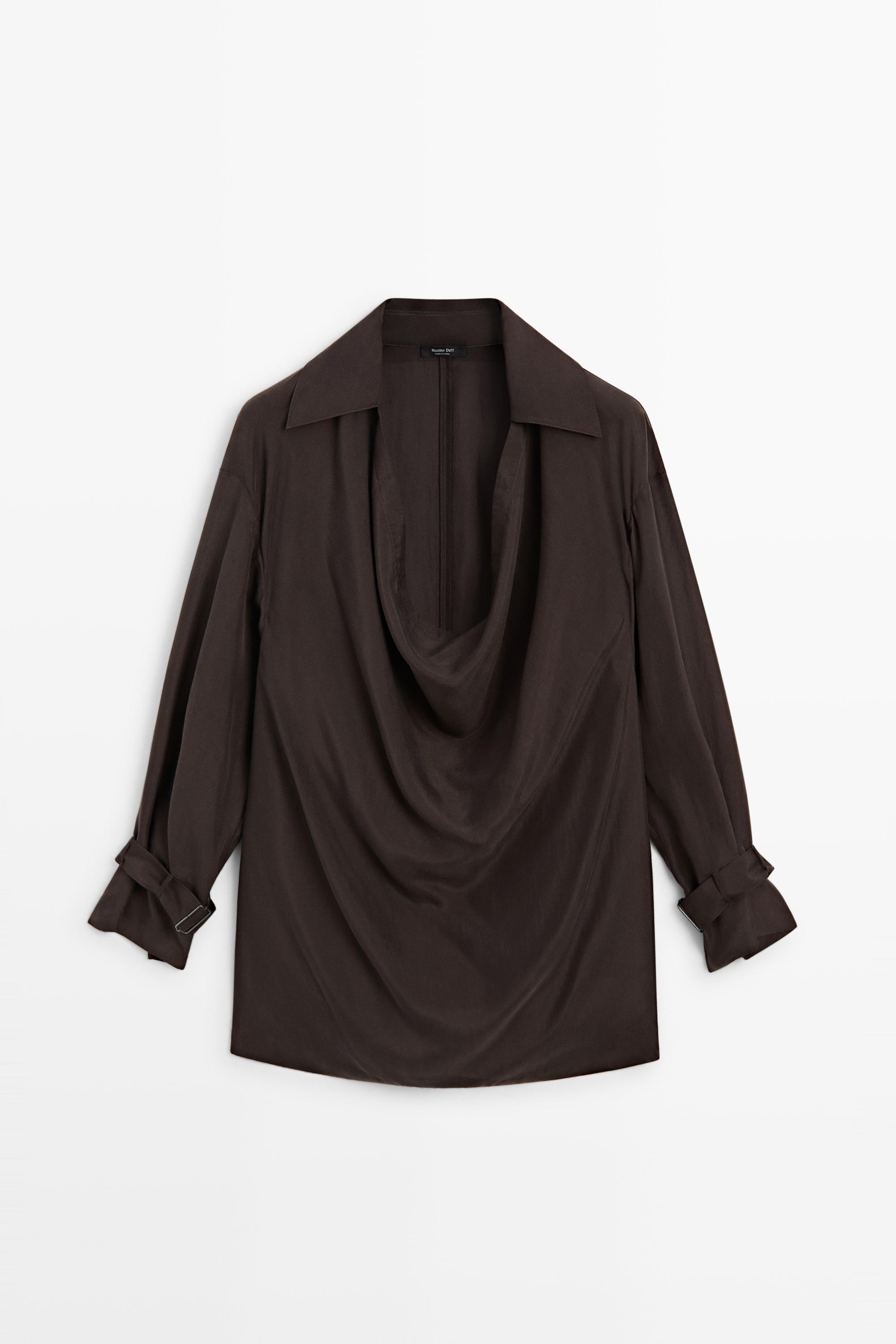 100% Silk Draped Neckline Flowy Shirt Brown
