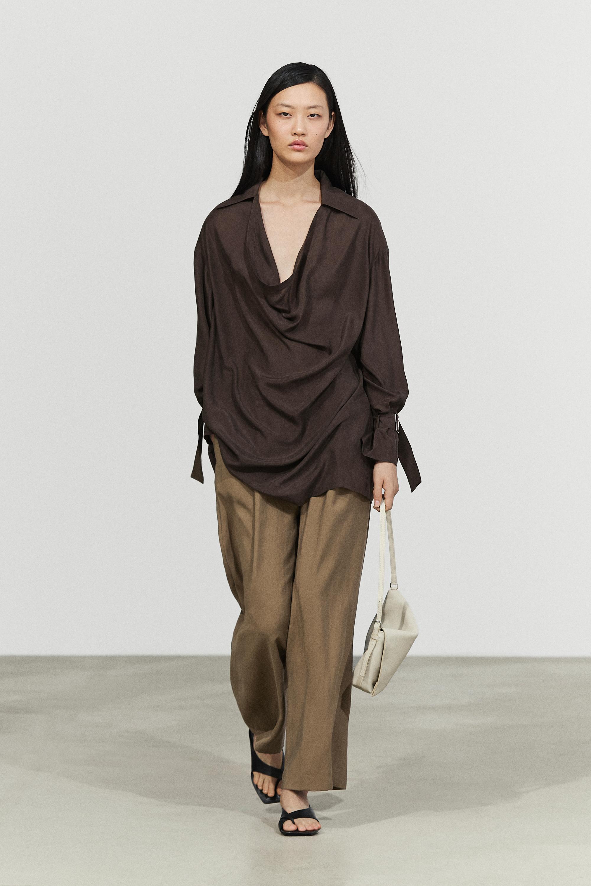 100% Silk Draped Neckline Flowy Shirt Brown