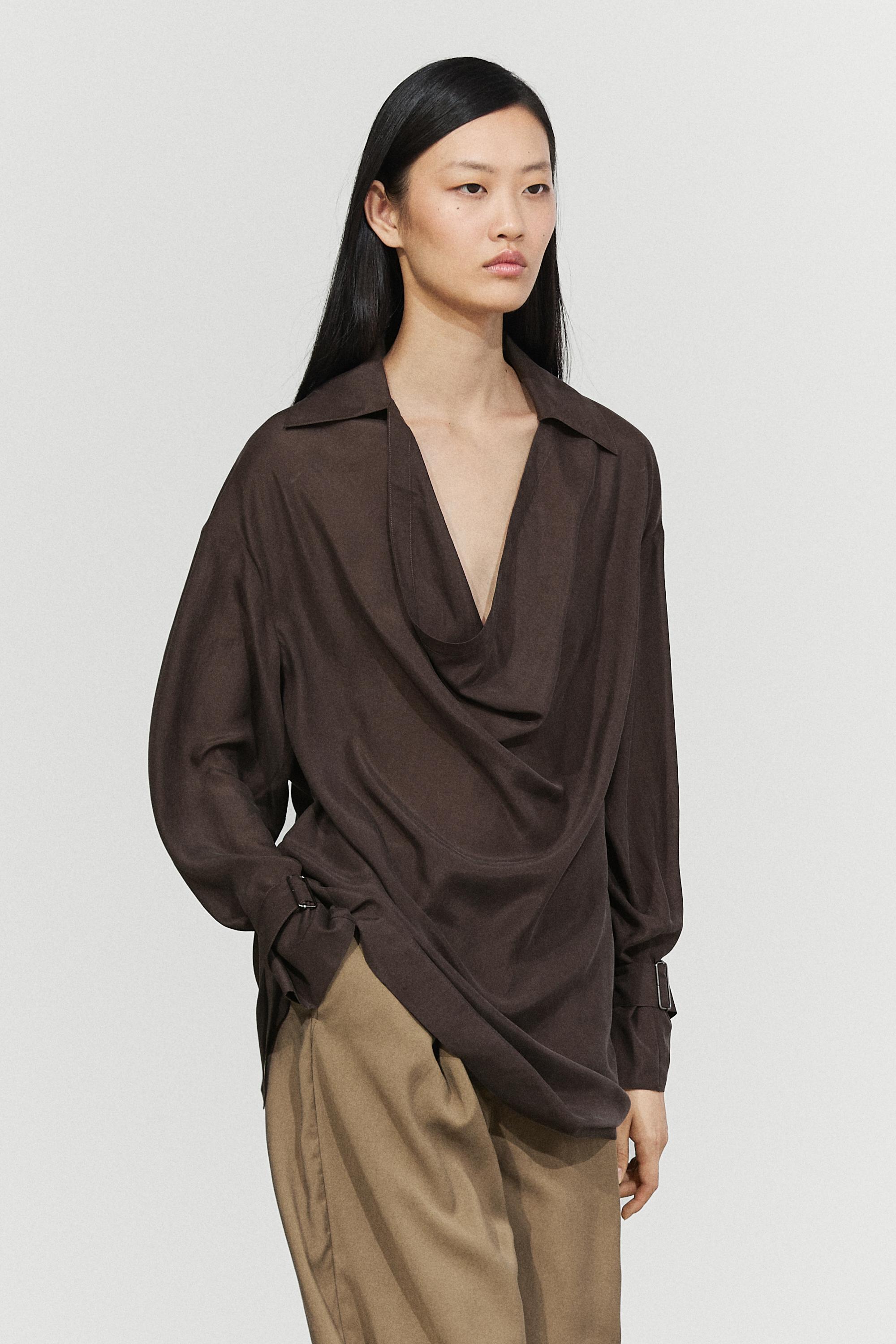 100% Silk Draped Neckline Flowy Shirt Brown