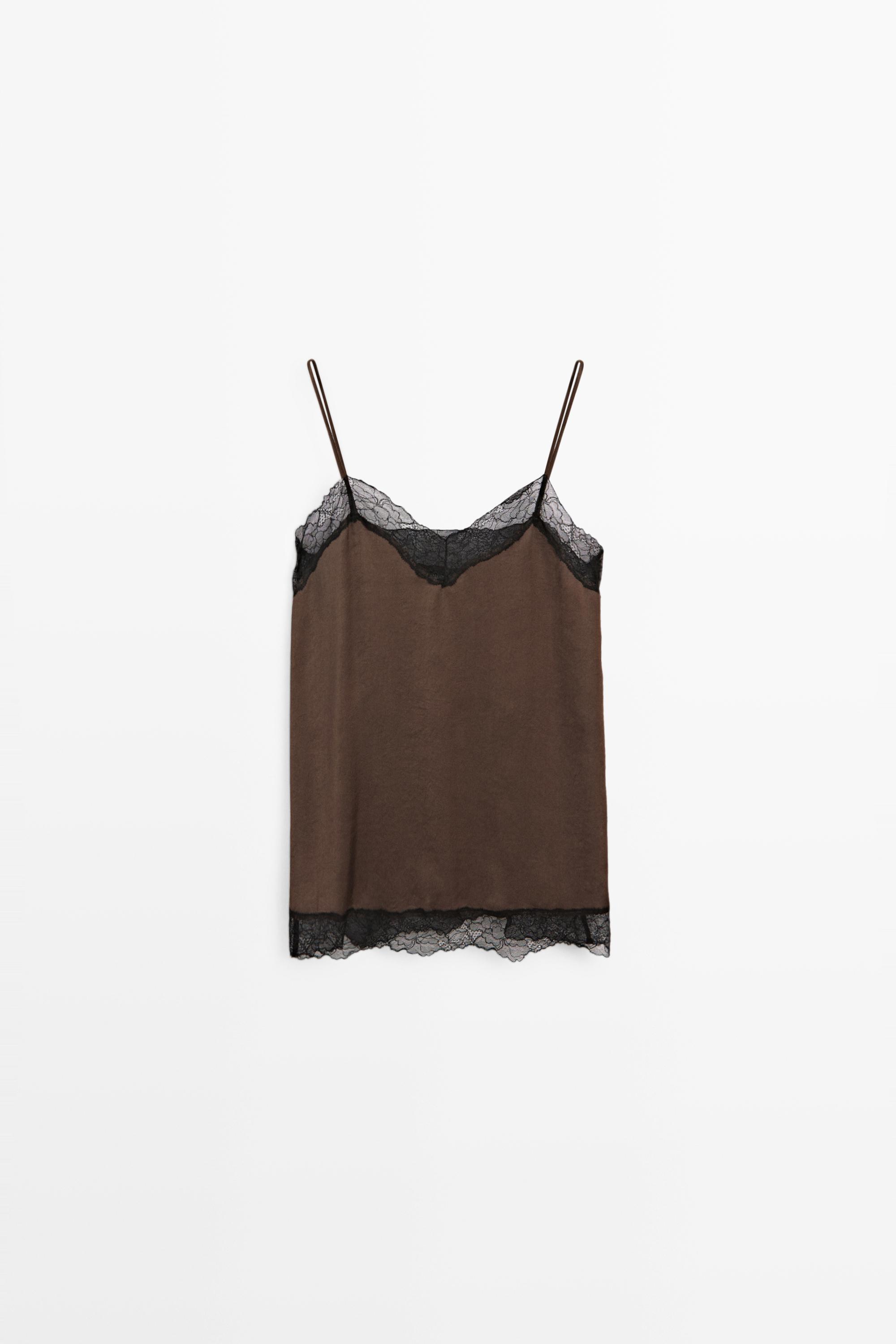 Contrast lace camisole top Brown Marl