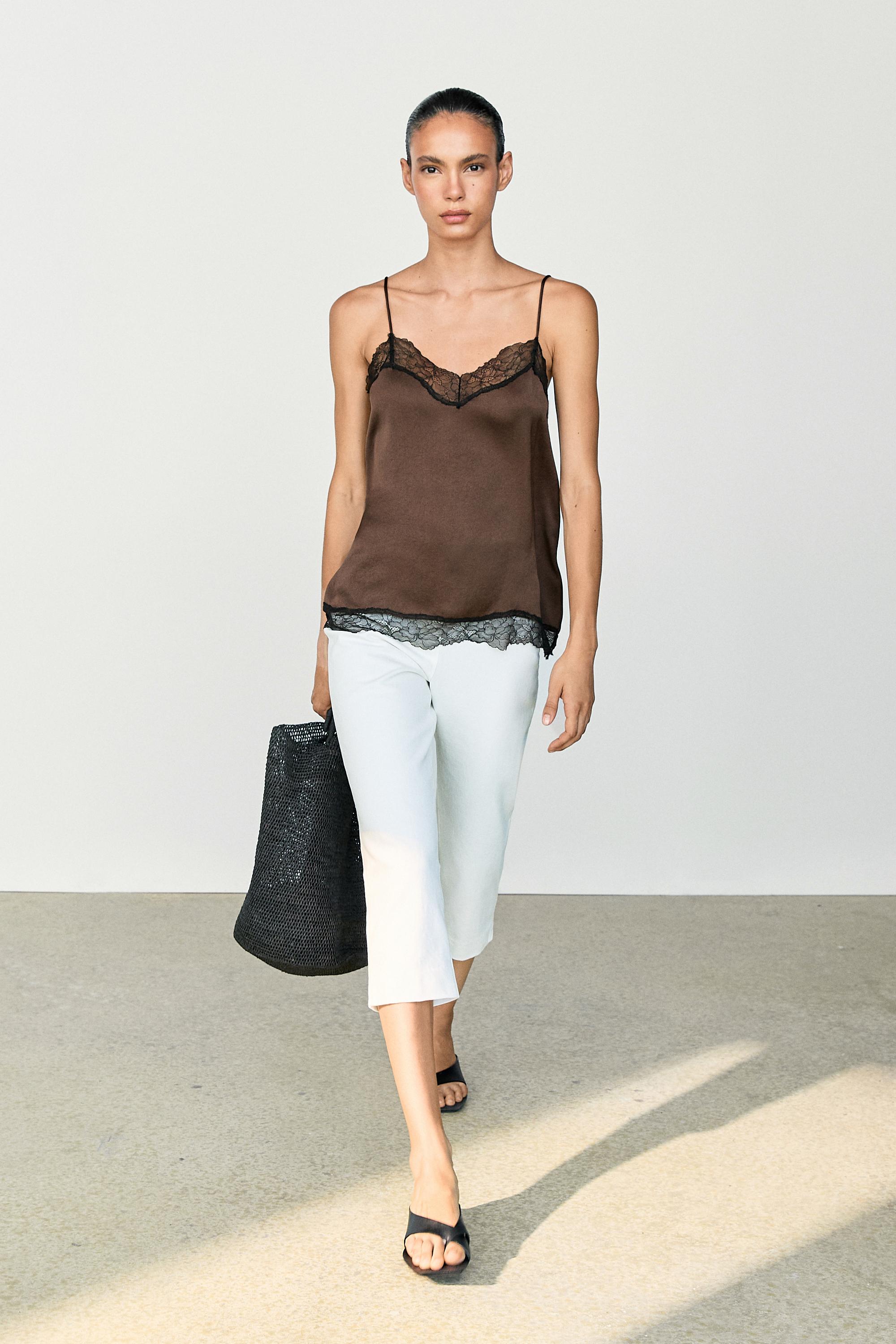 Contrast lace camisole top Brown Marl