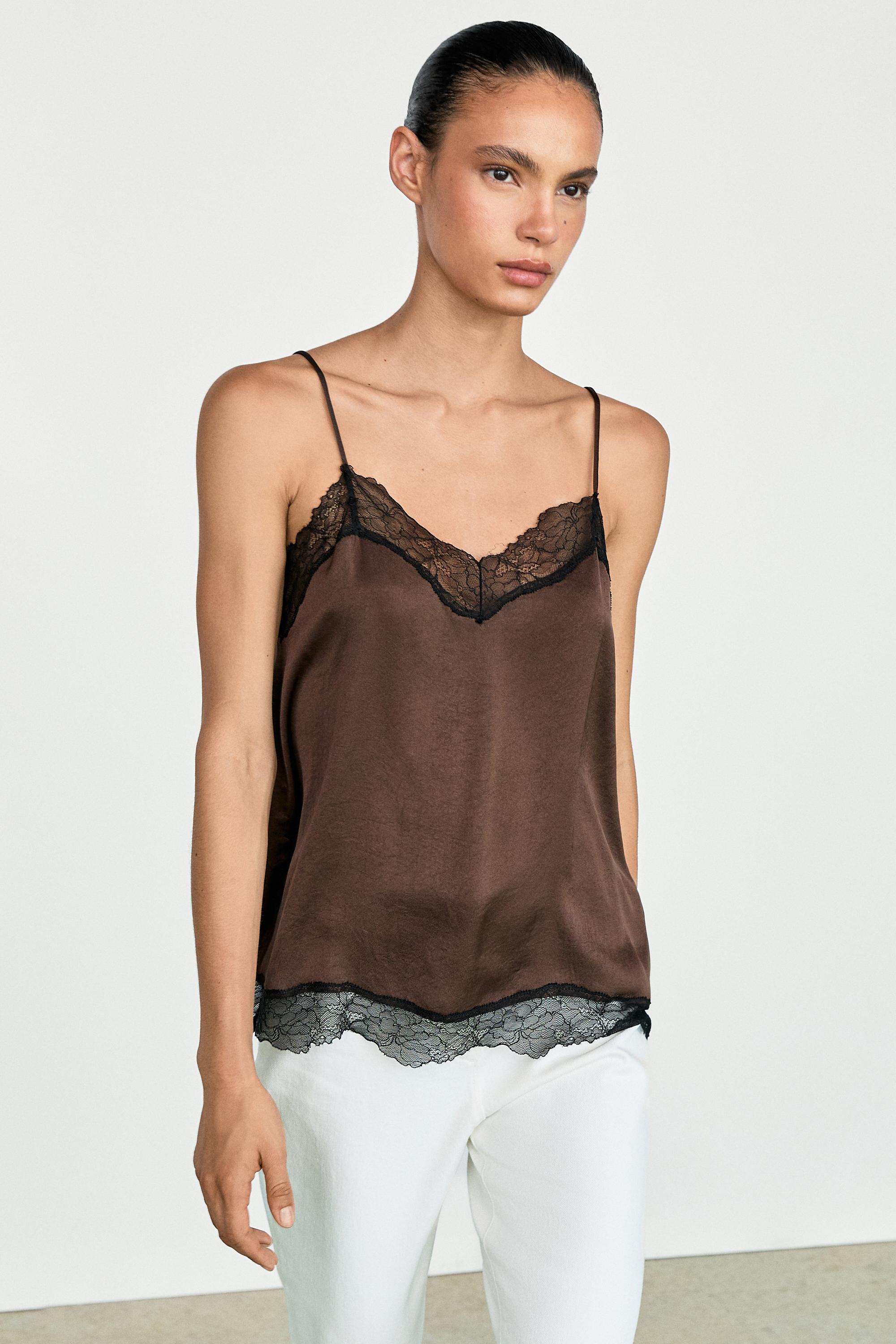 Contrast lace camisole top Brown Marl