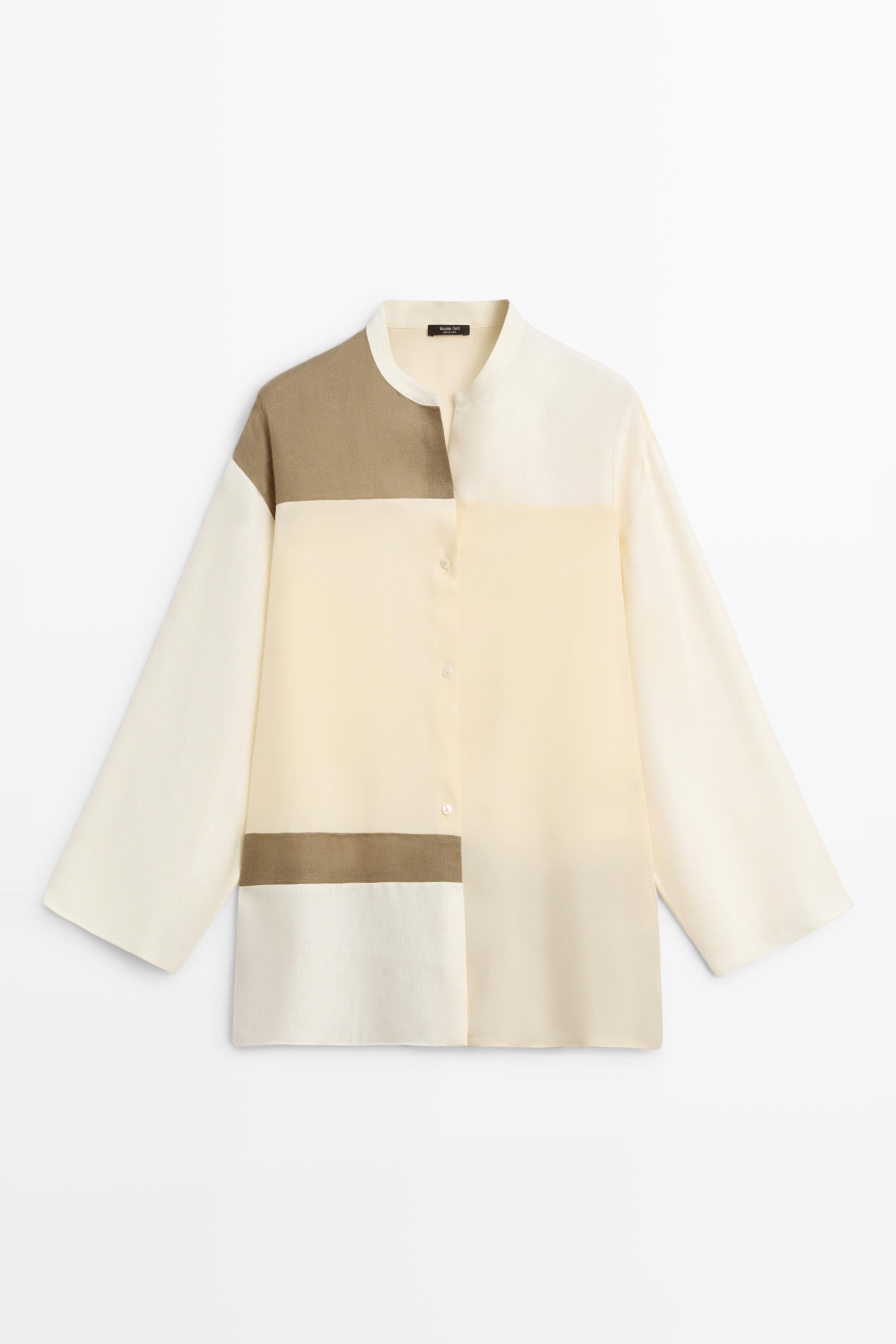 Flowing patchwork shirt with stand-up collar Cream