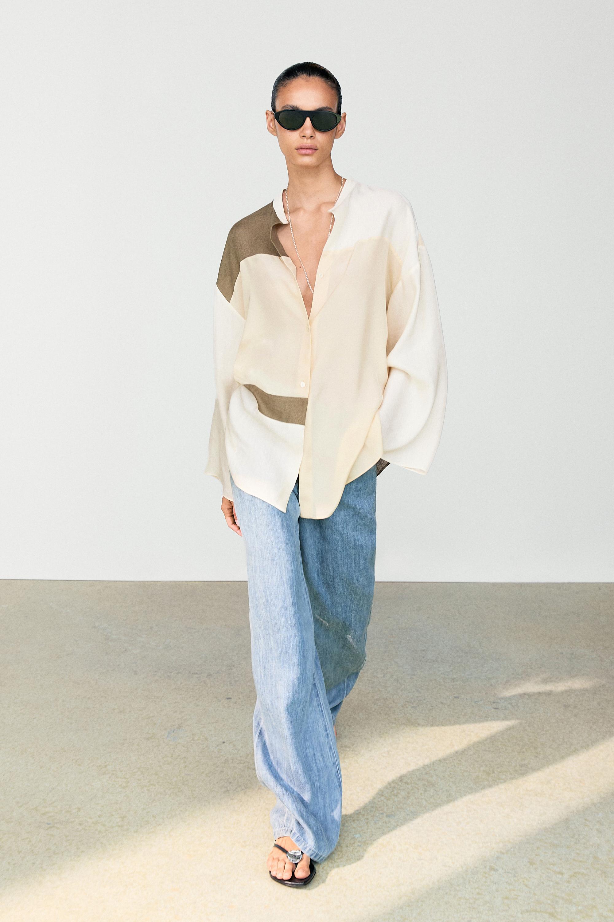 Flowing patchwork shirt with stand-up collar Cream
