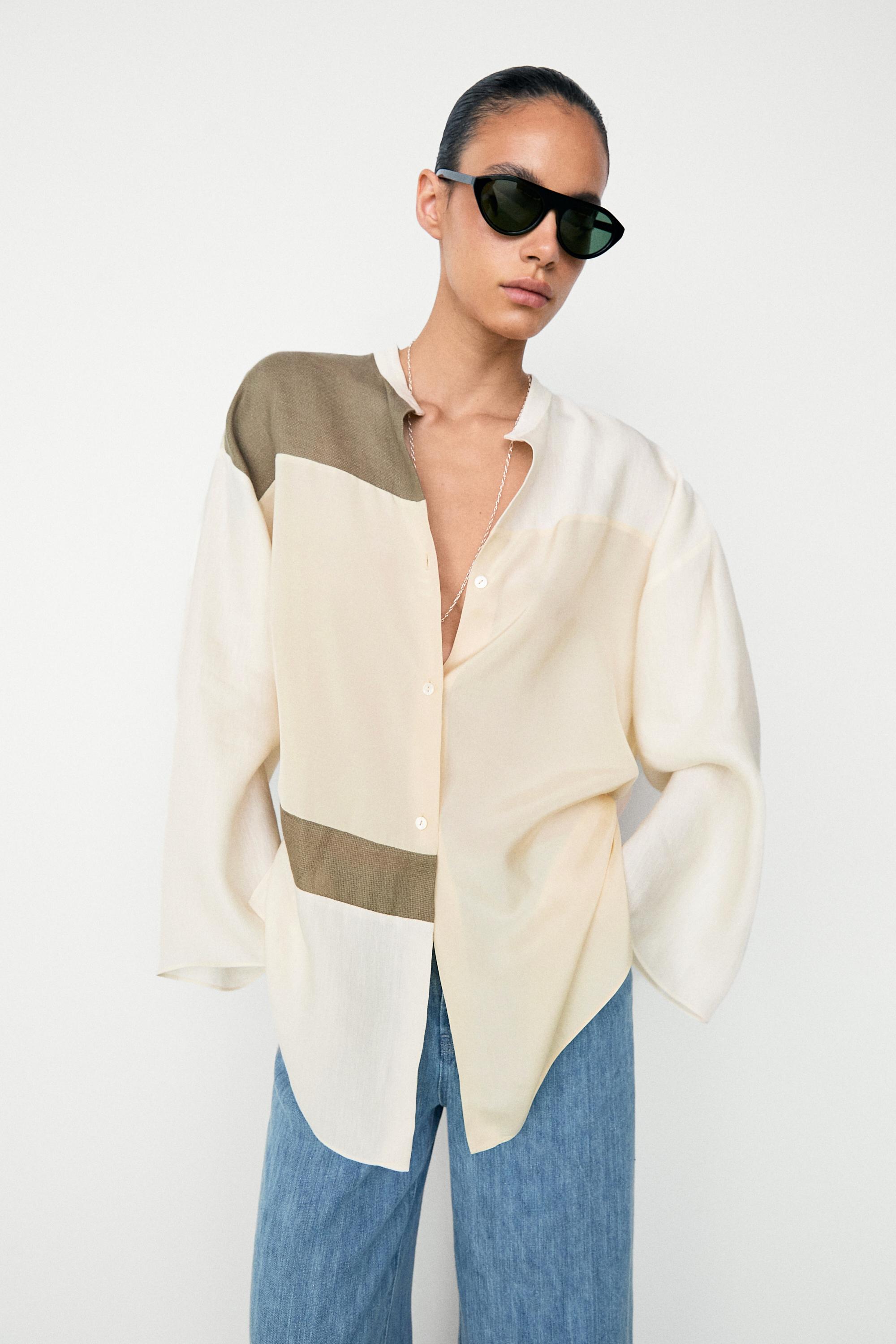 Flowing patchwork shirt with stand-up collar Cream