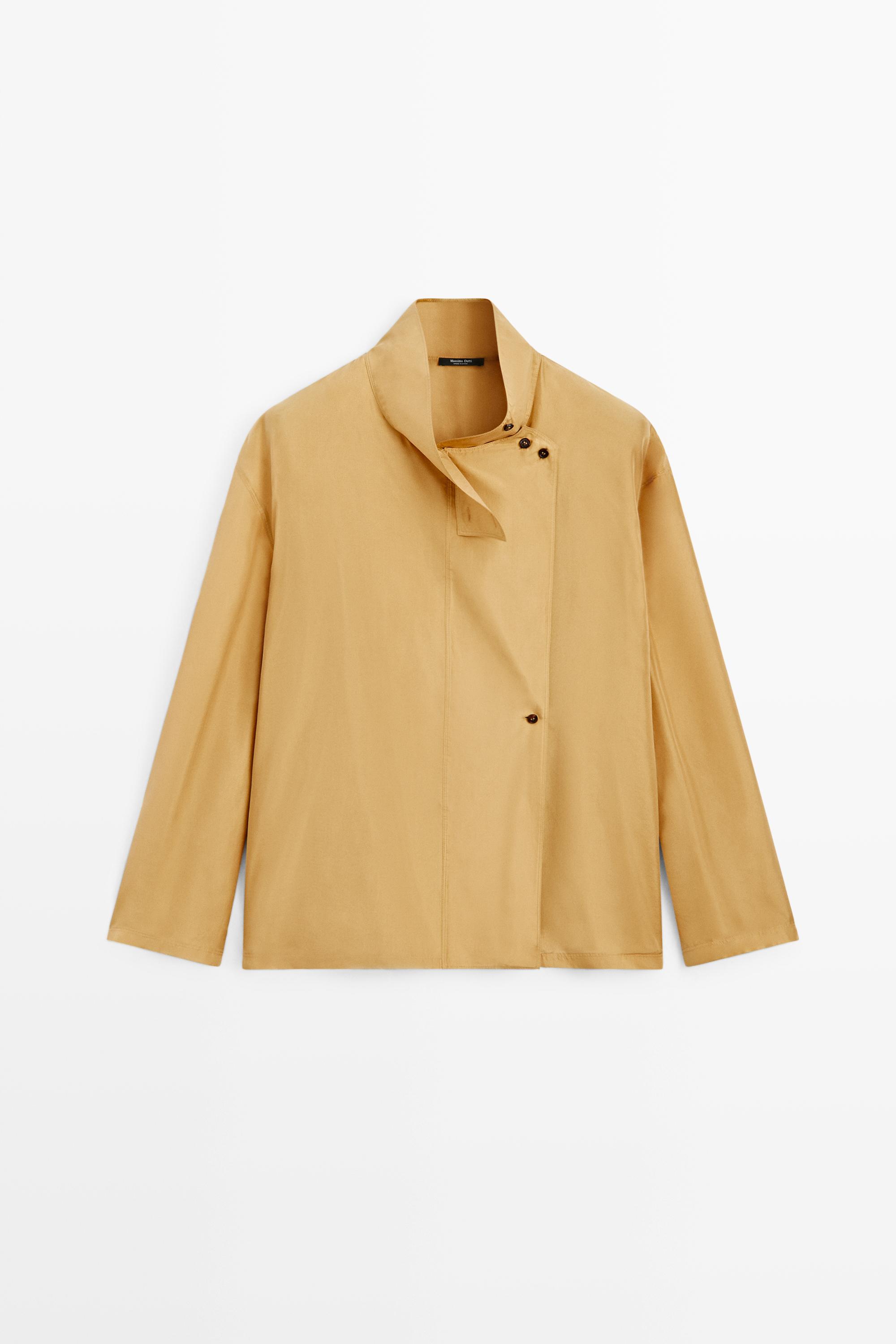 100% silk crossover mock neck shirt Mustard Yellow