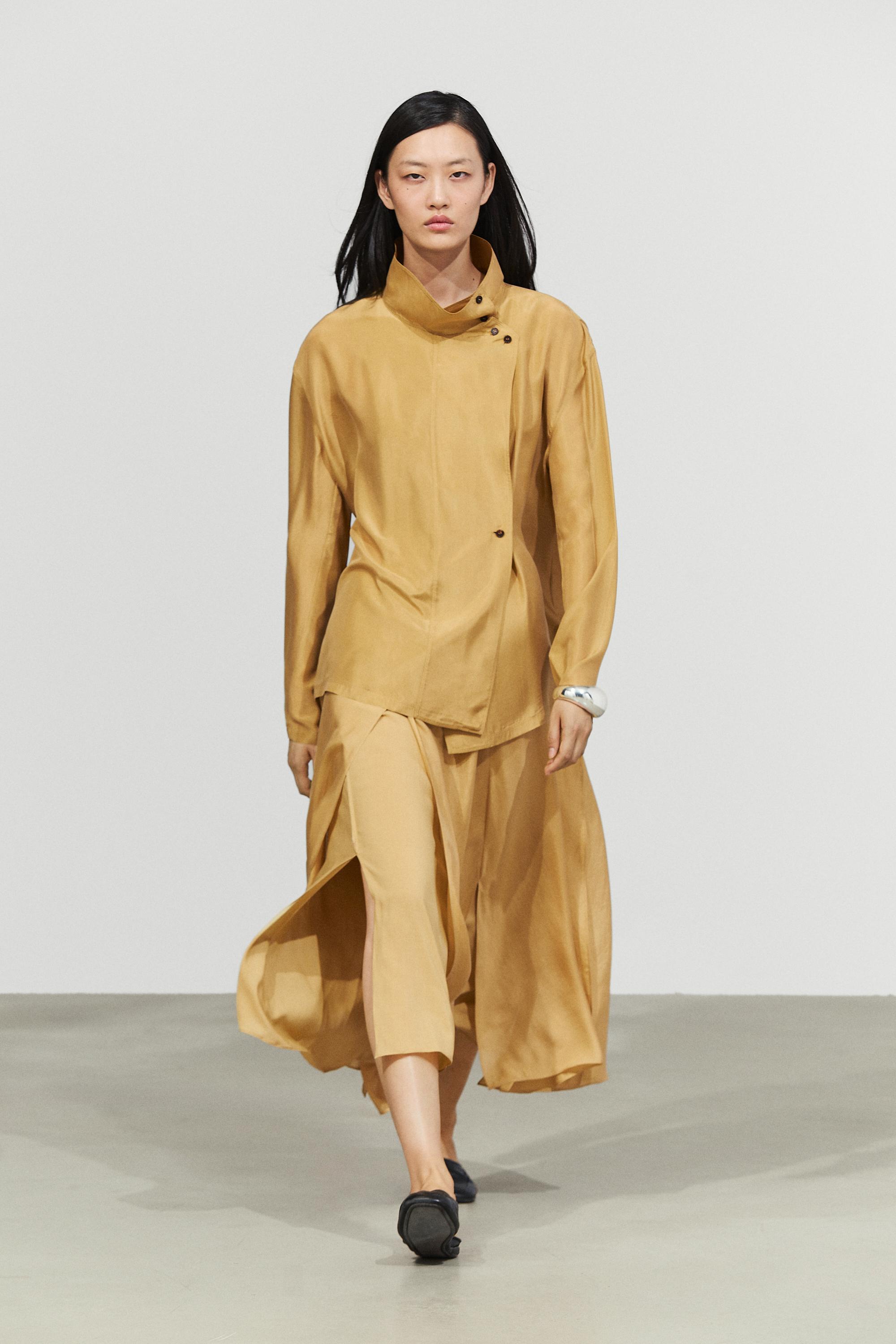 100% silk crossover mock neck shirt Mustard Yellow