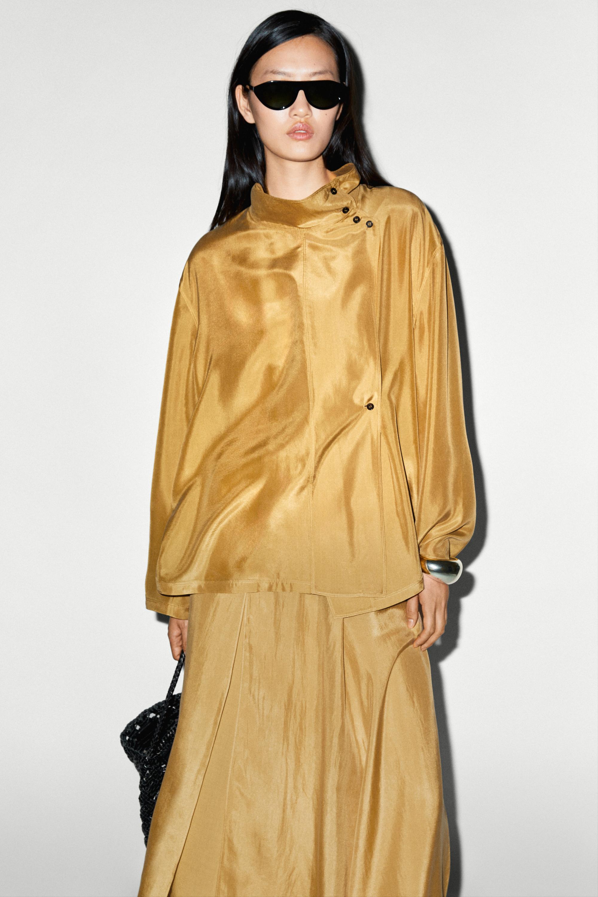 100% silk crossover mock neck shirt Mustard Yellow