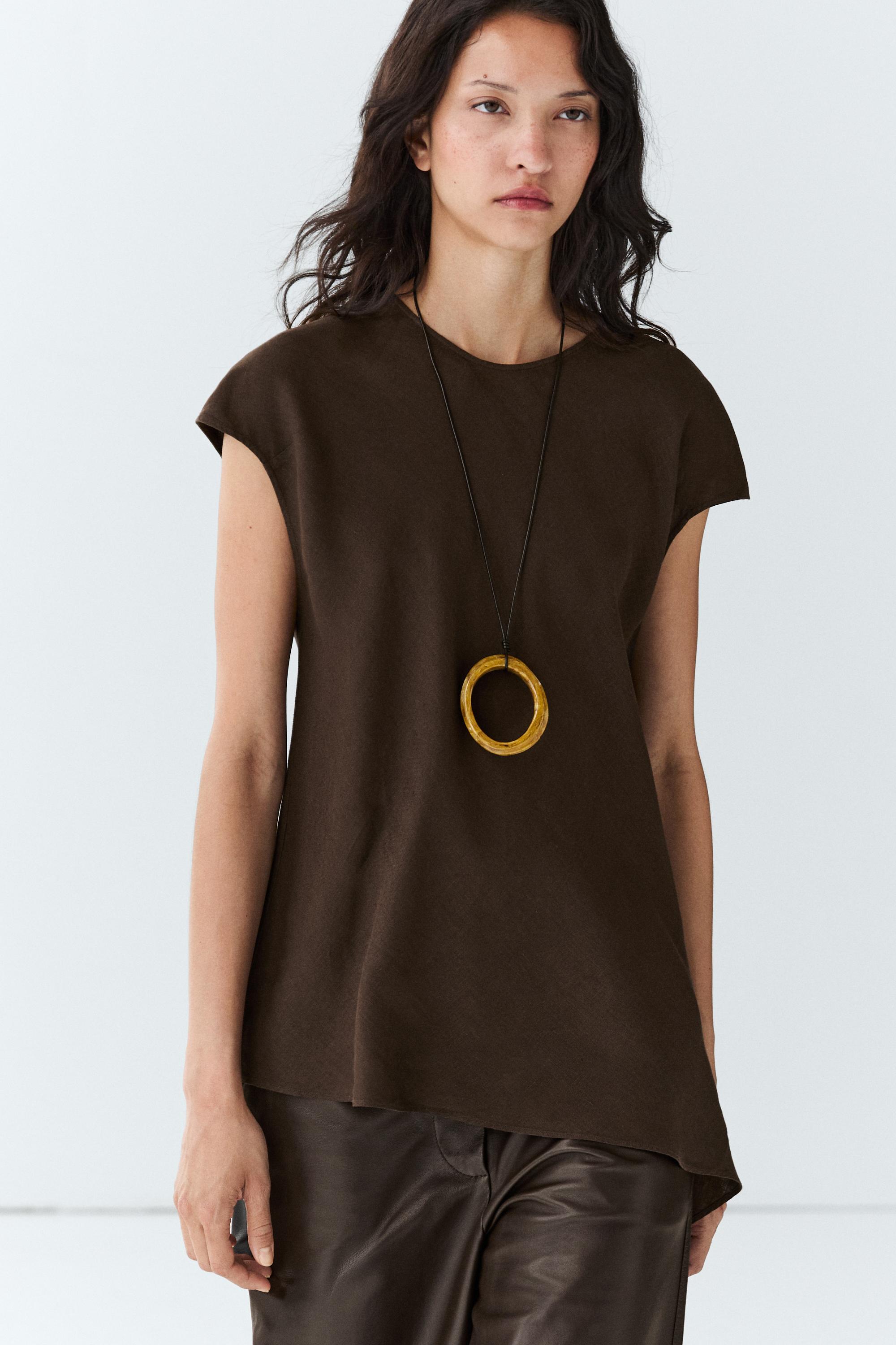 100% linen asymmetric top Brown