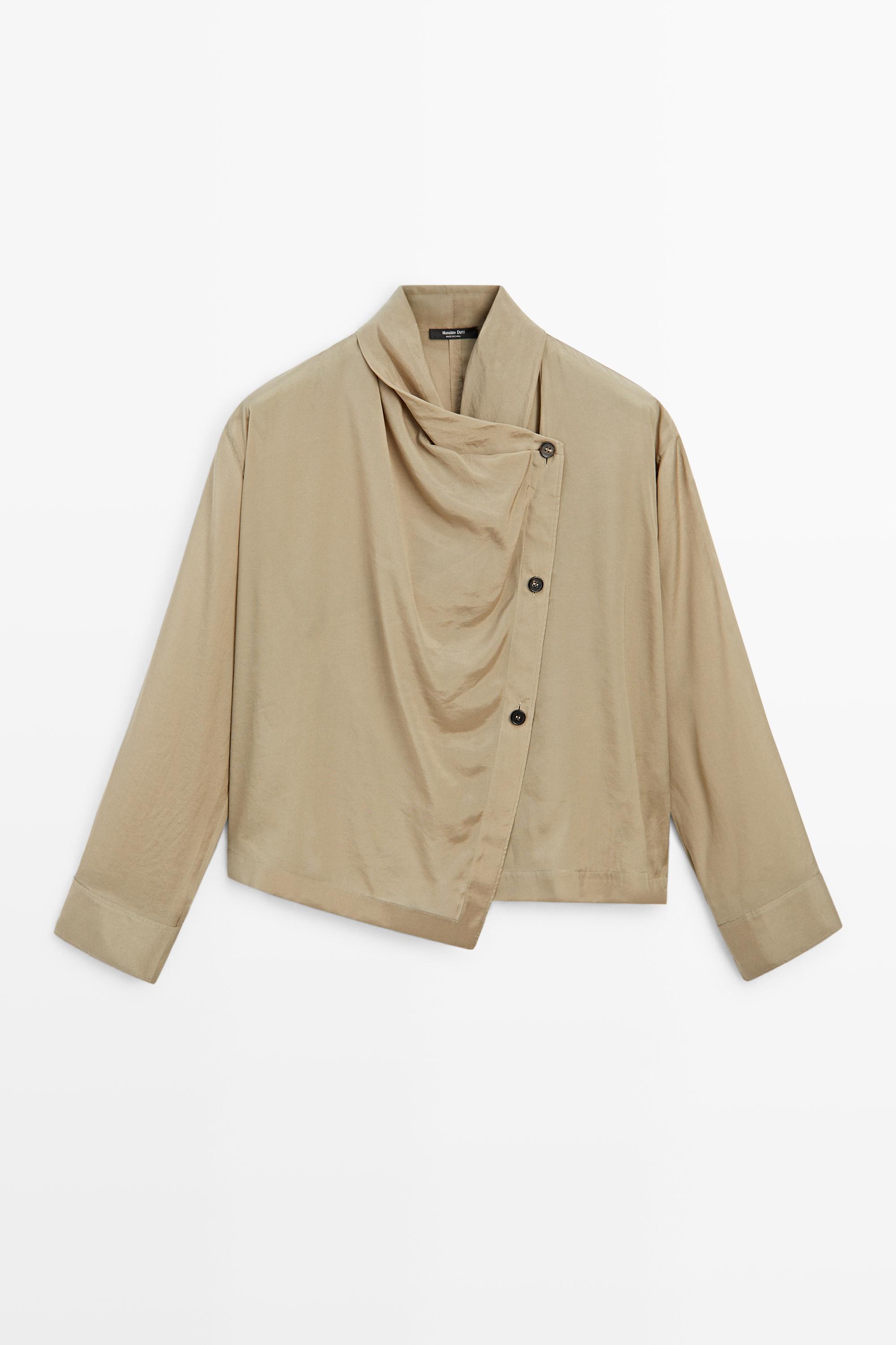 Blouse with collar detail and crossover fastening Stone