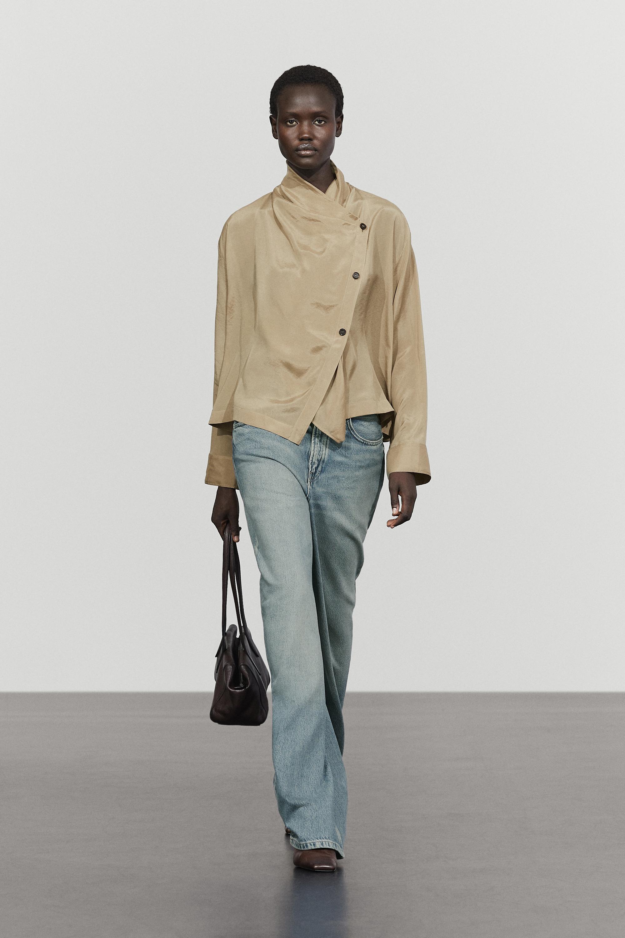 Blouse with collar detail and crossover fastening Stone