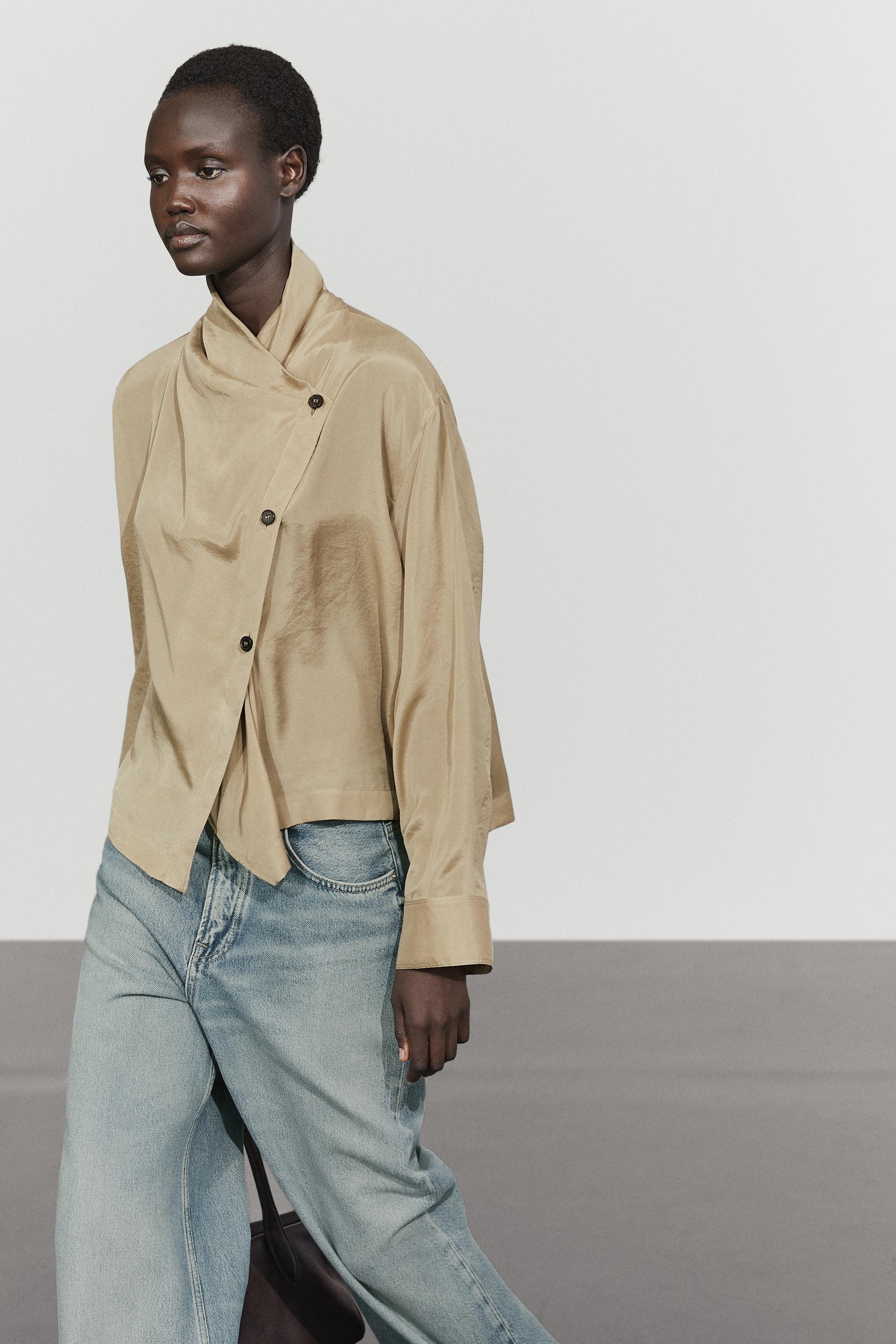Blouse with collar detail and crossover fastening Stone