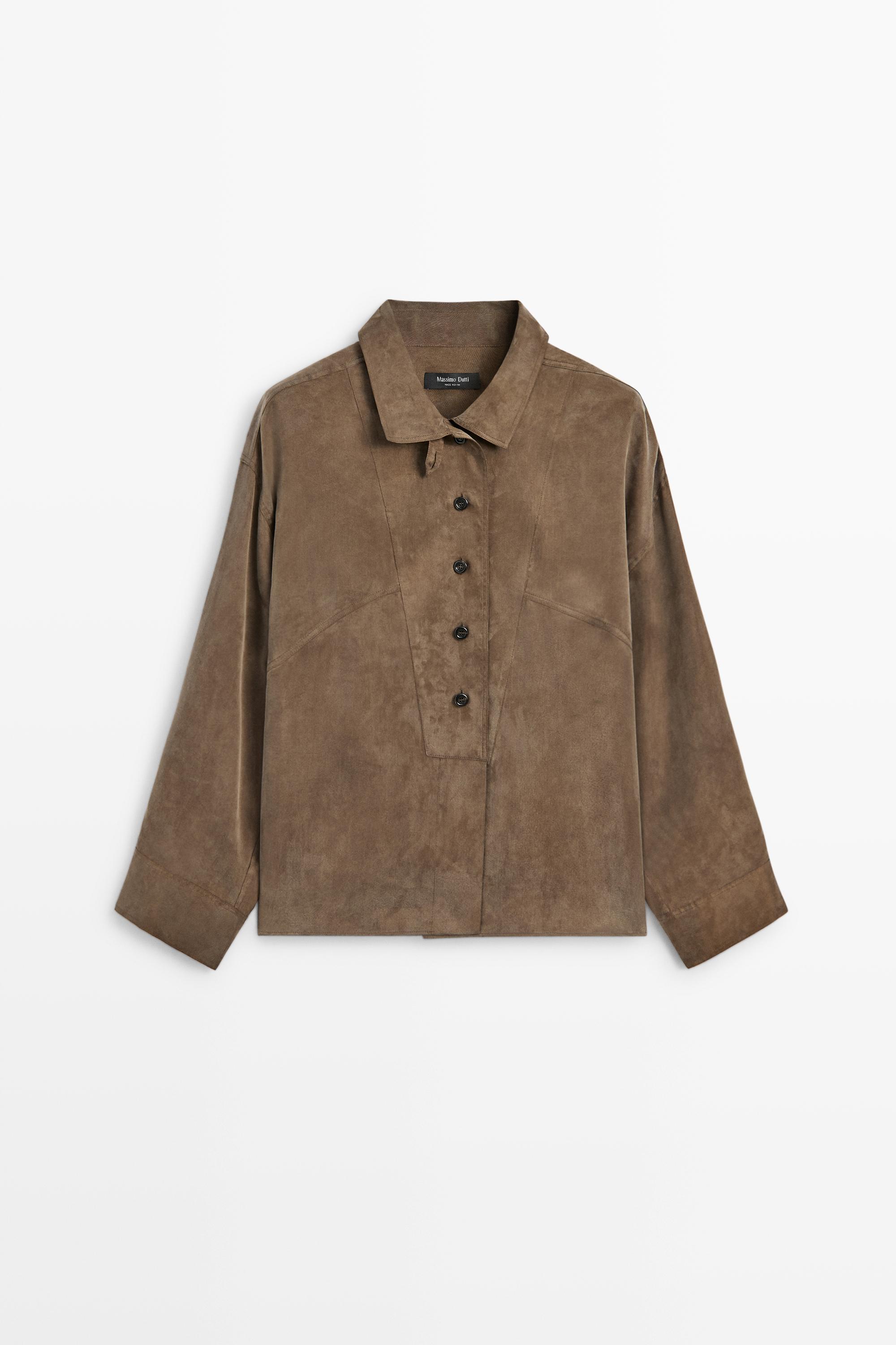 Flowing shirt with stand collar and bib detail Mole Brown