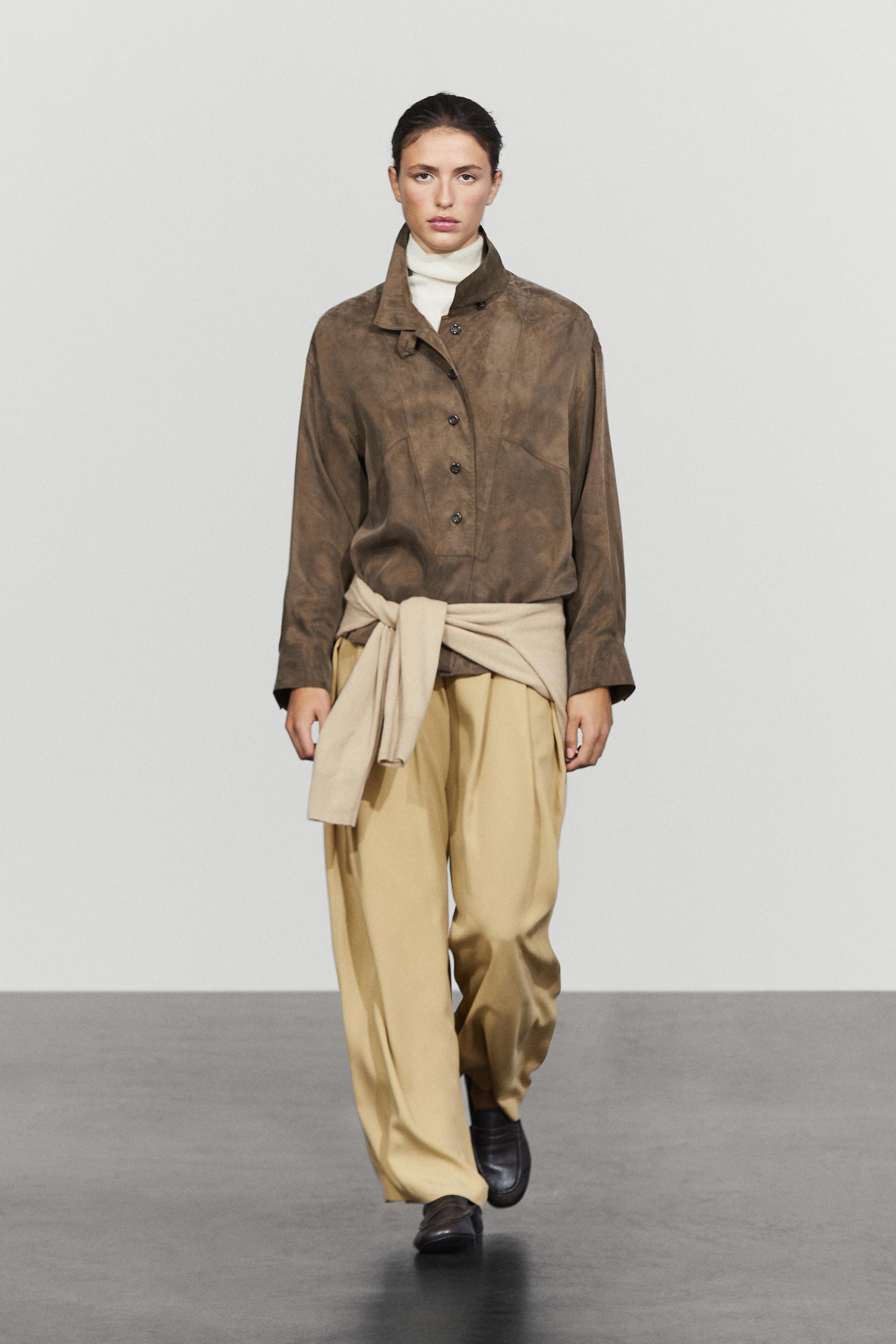 Flowing shirt with stand collar and bib detail Mole Brown