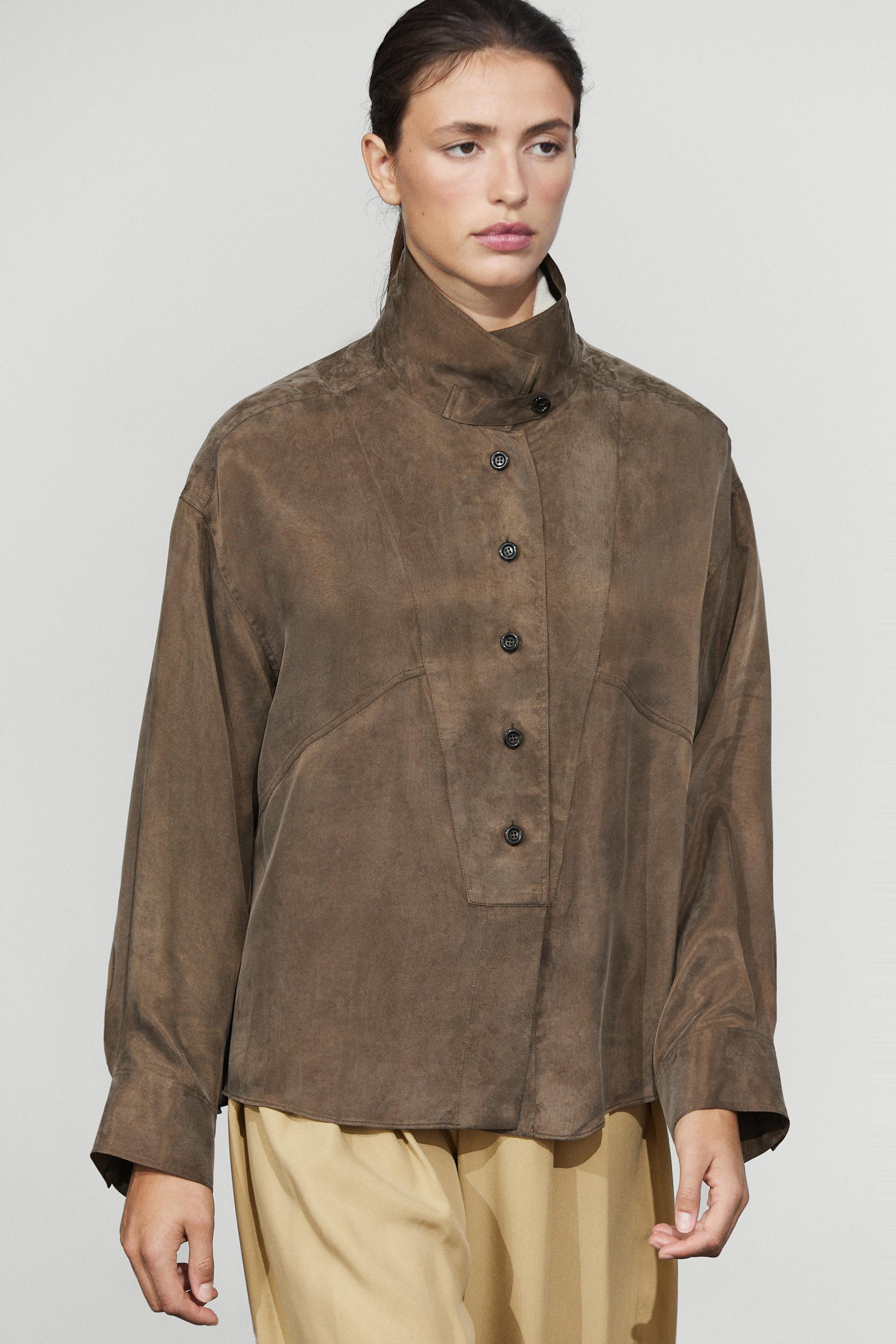 Flowing shirt with stand collar and bib detail Mole Brown