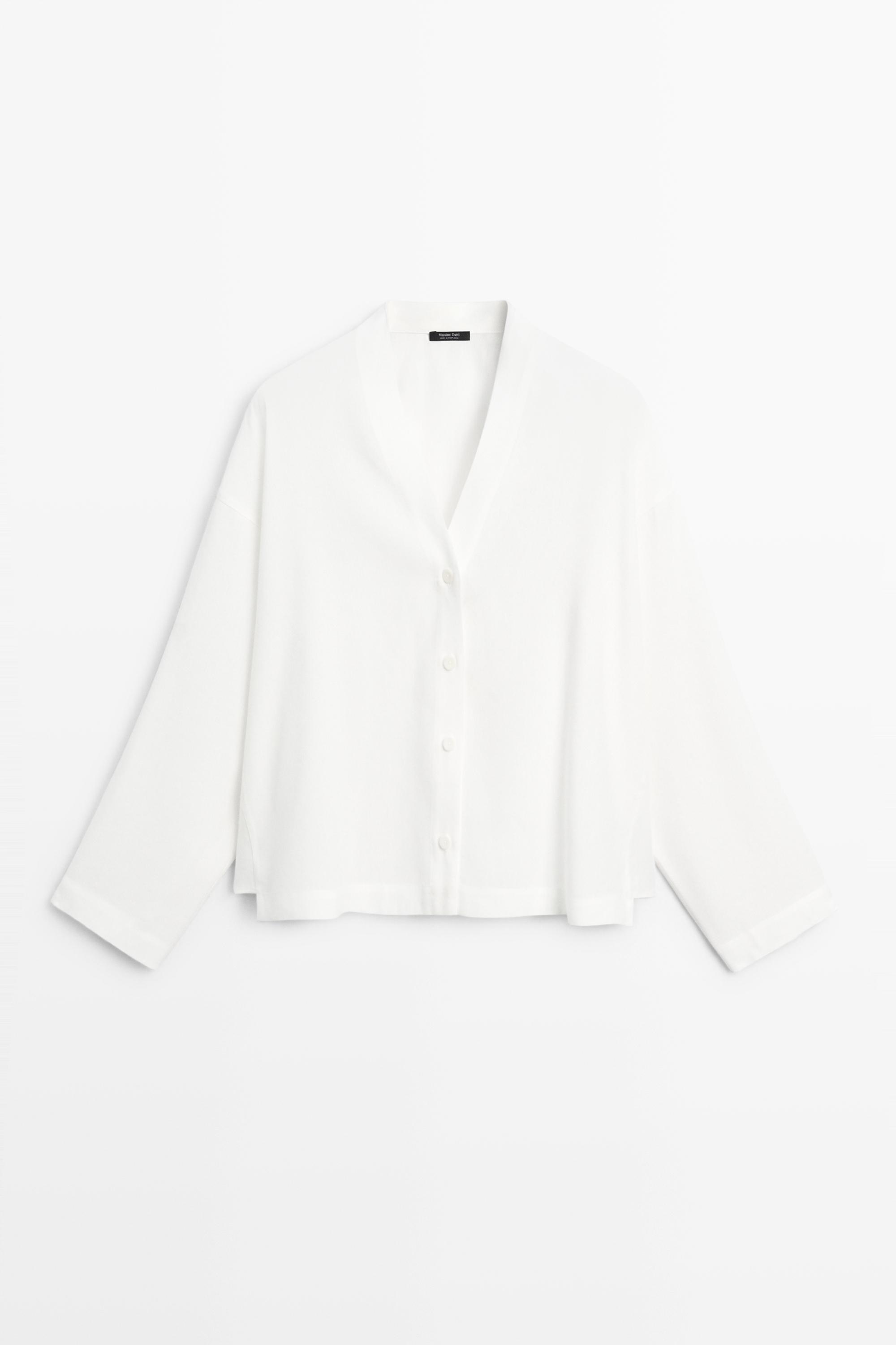 Flowing linen-blend V-neck shirt White
