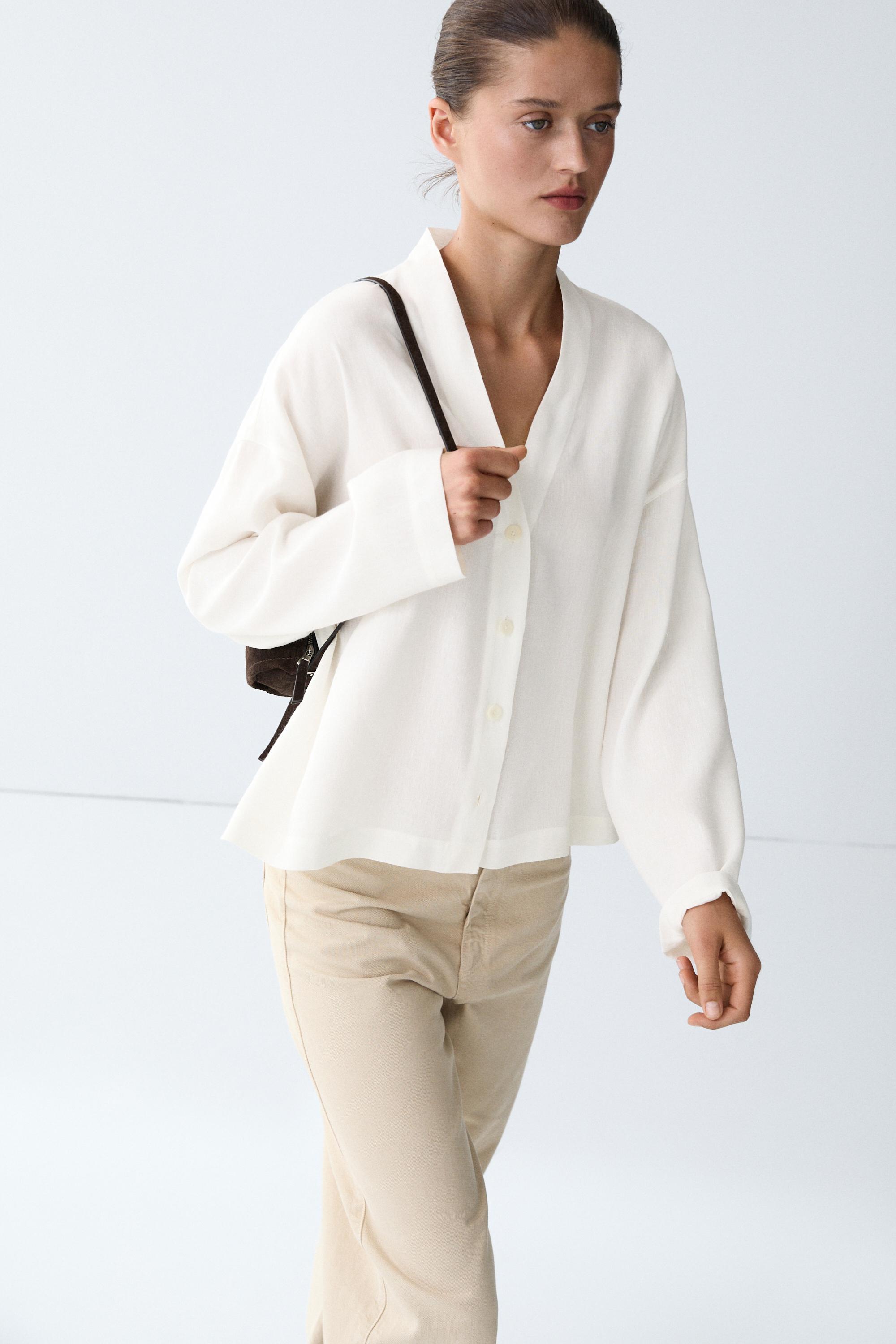 Flowing linen-blend V-neck shirt White