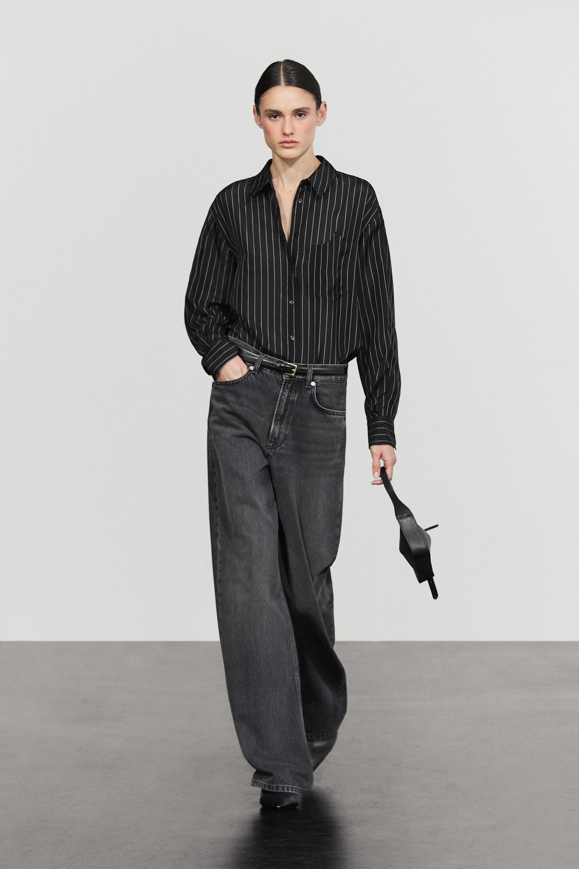 Striped flowing shirt with pocket detail Black