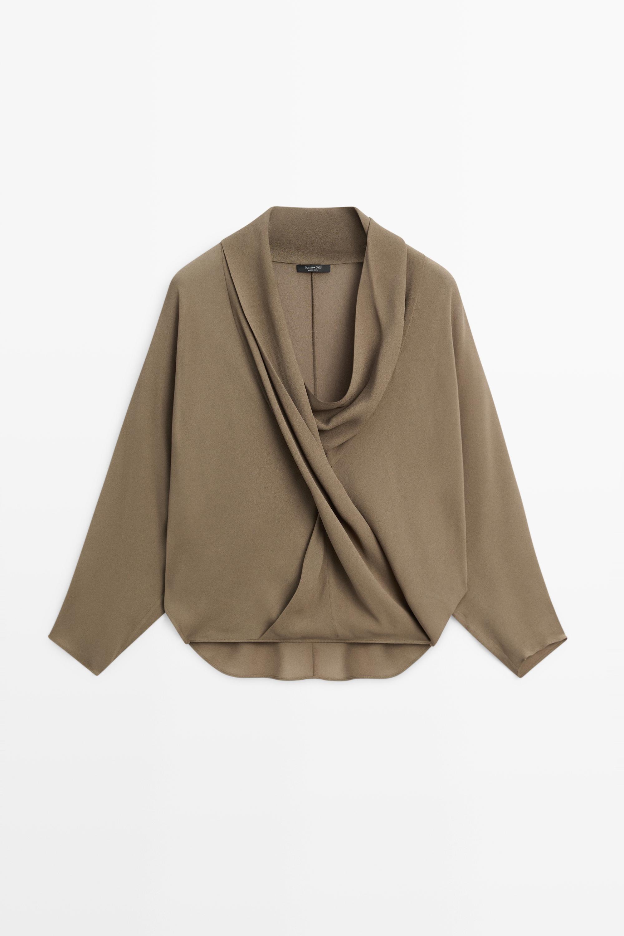Flowy surplice draped neckline shirt Dark Khaki