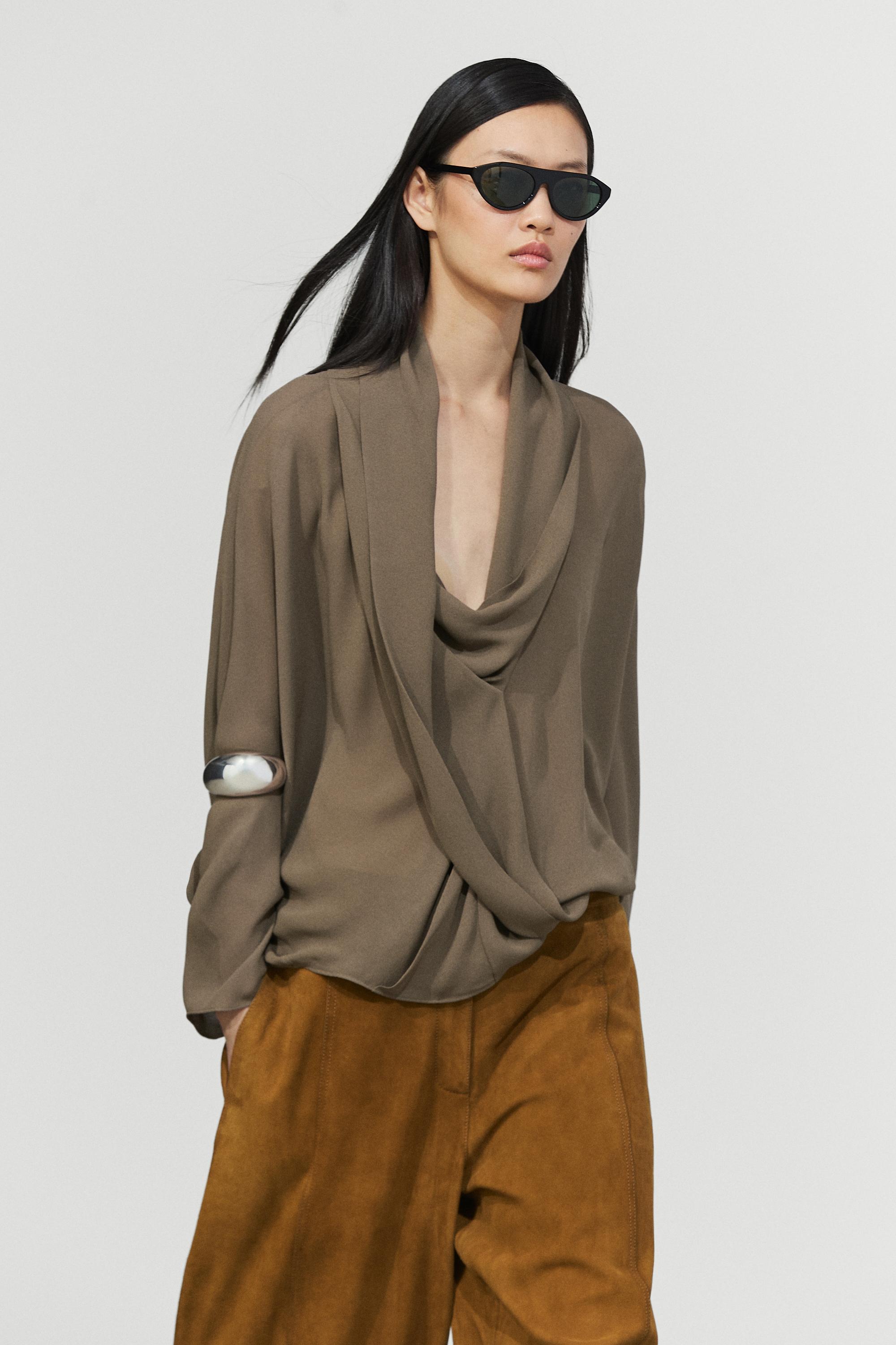 Flowy surplice draped neckline shirt Dark Khaki