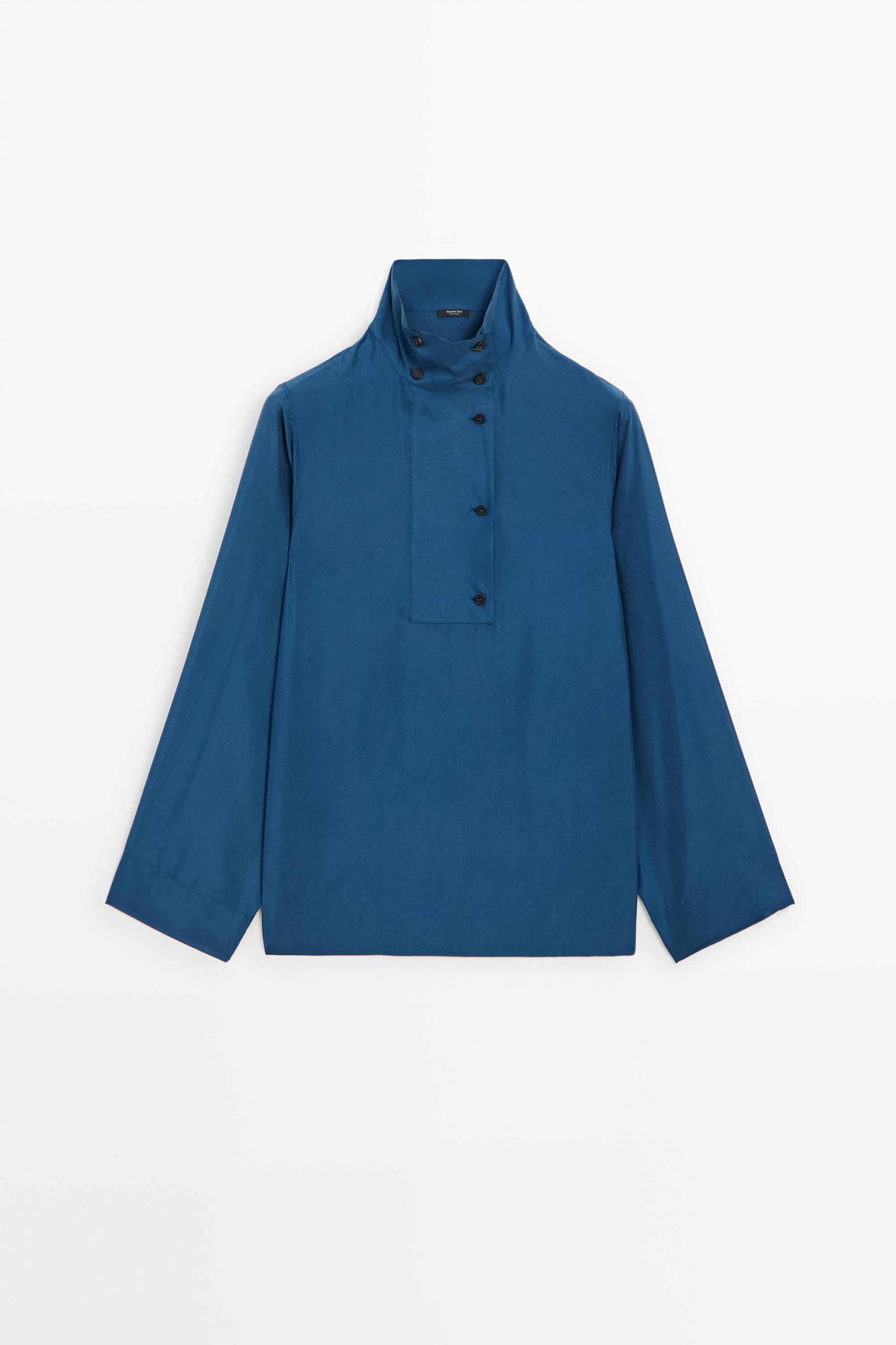100% mulberry silk high-collar shirt Blue