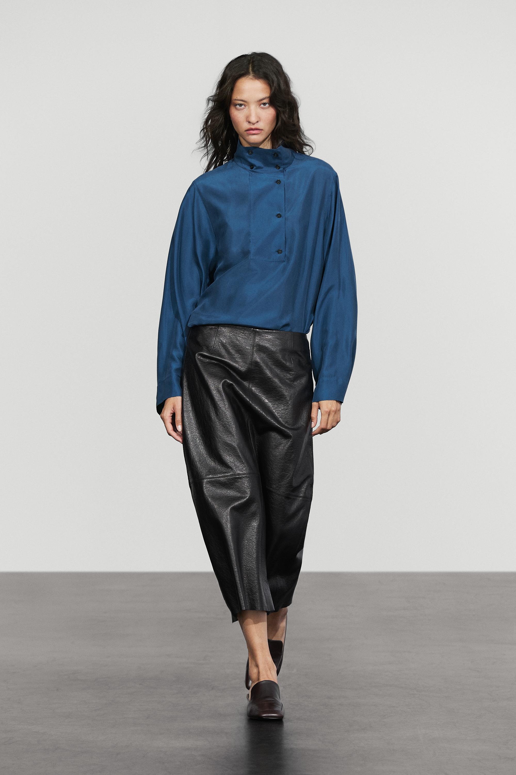 100% mulberry silk high-collar shirt Blue