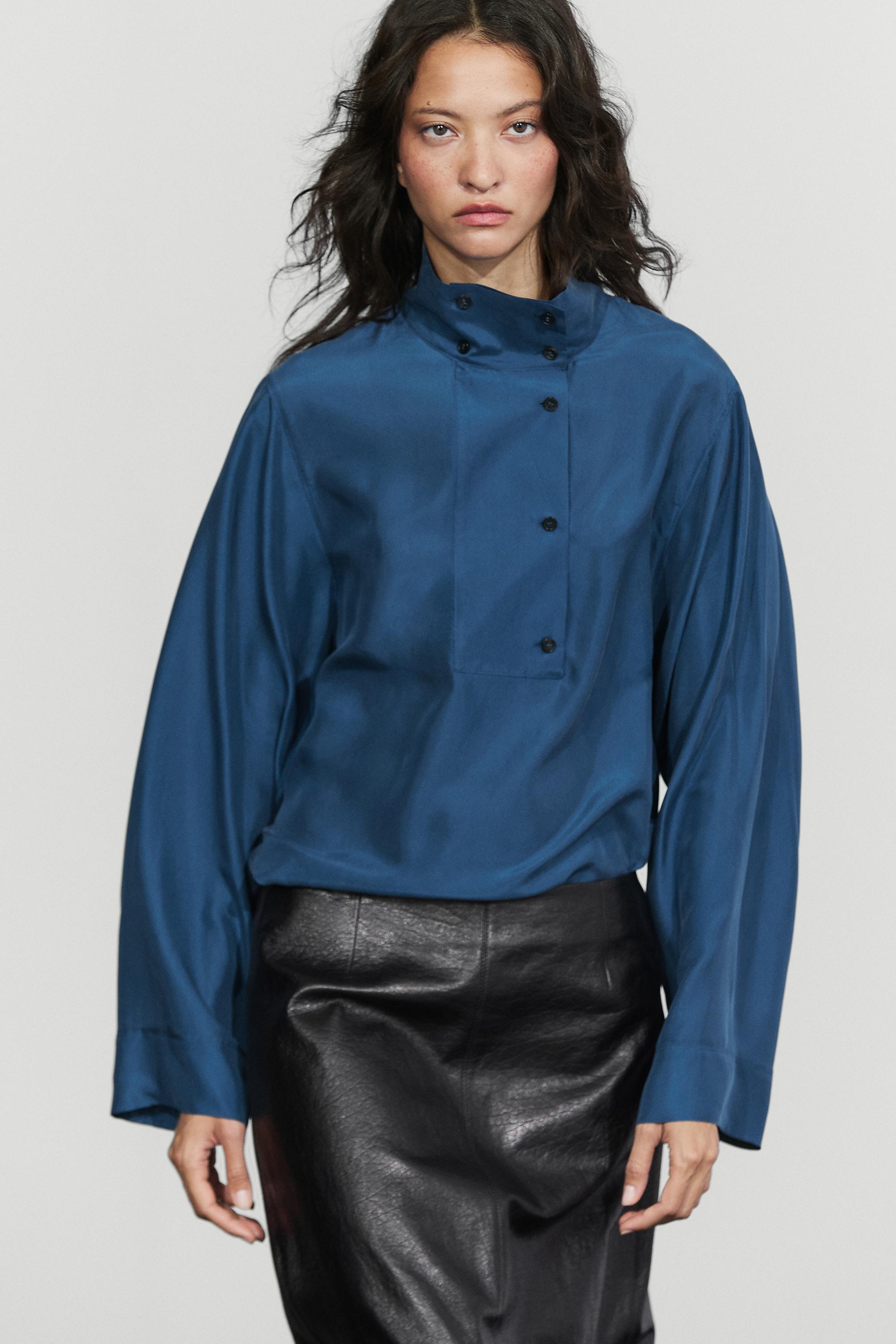 100% mulberry silk high-collar shirt Blue