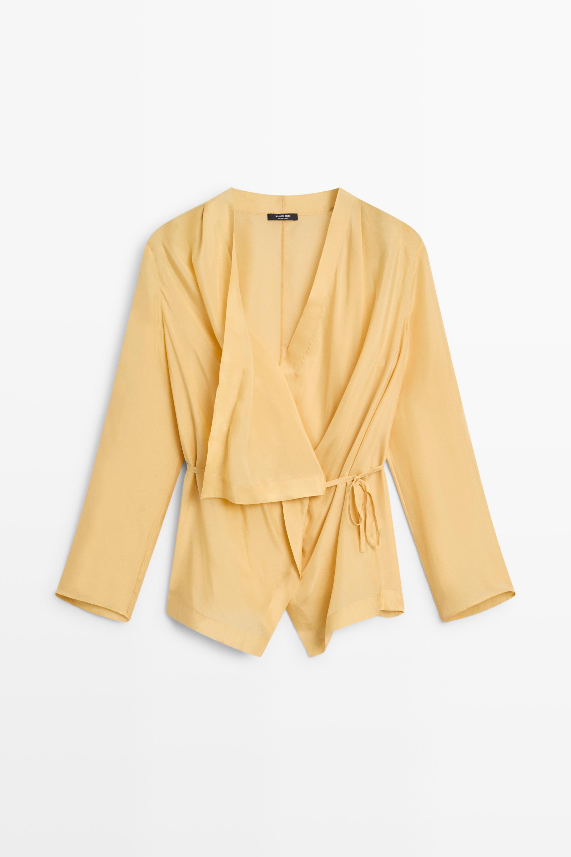 100% silk flowing wrap shirt Mustard