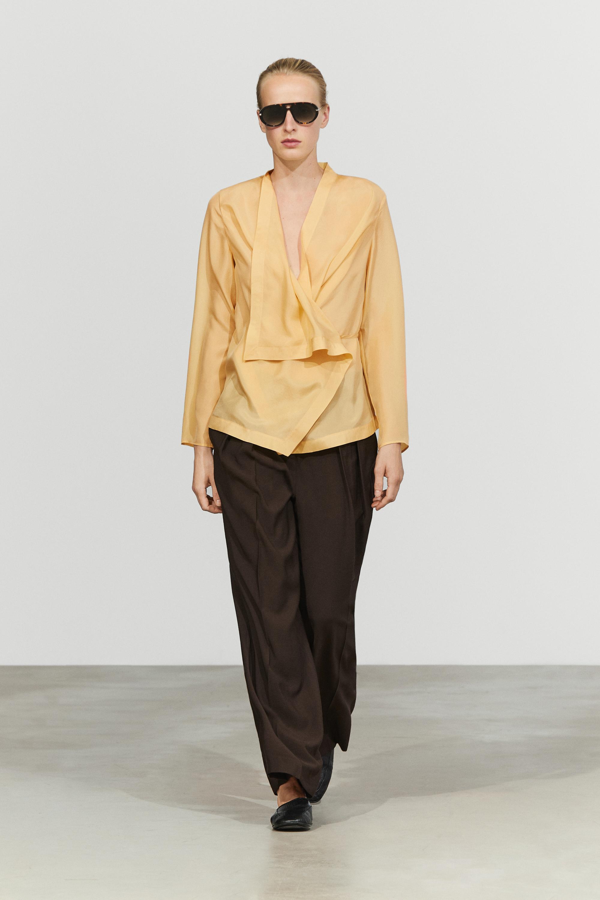 100% silk flowing wrap shirt Mustard
