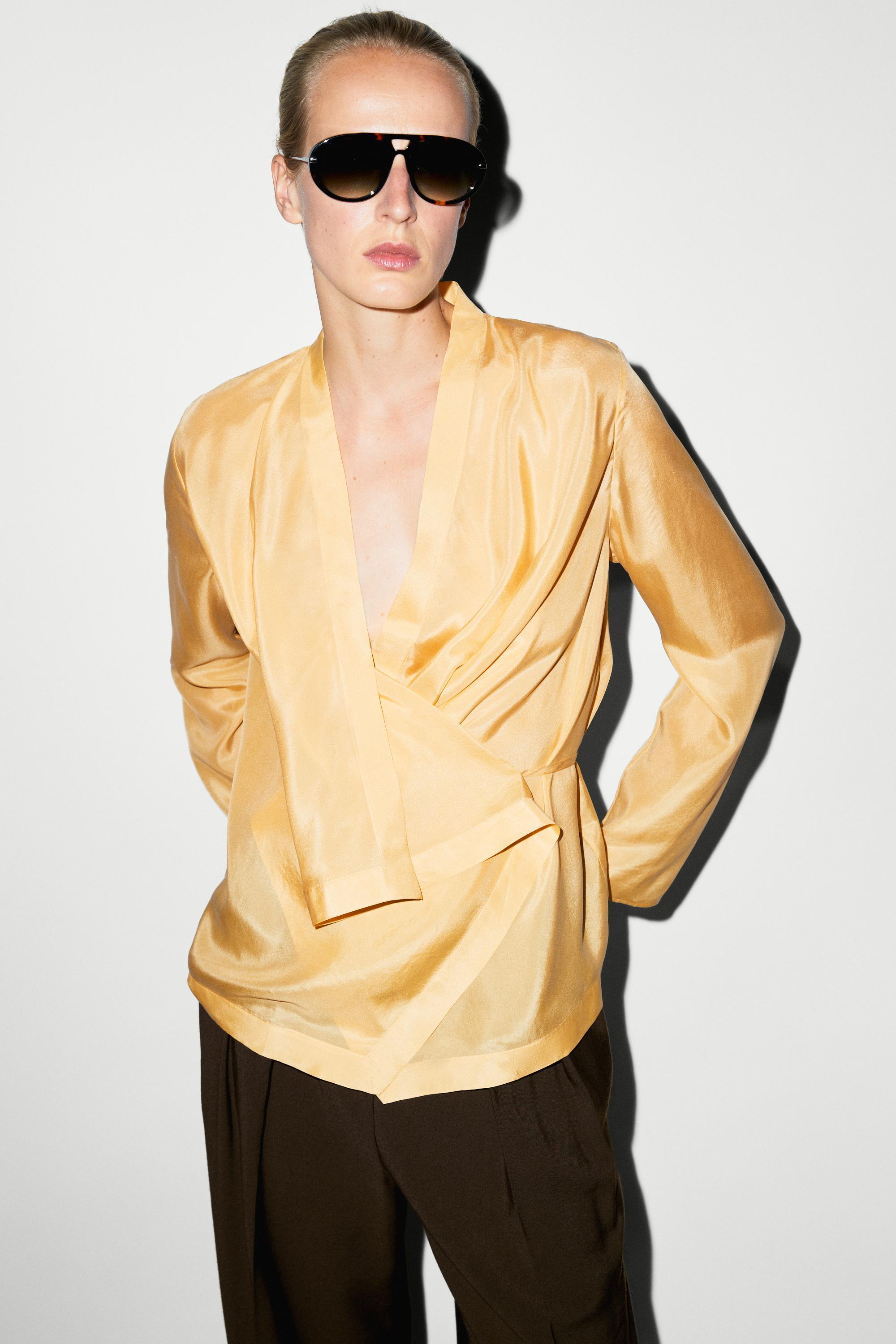 100% silk flowing wrap shirt Mustard