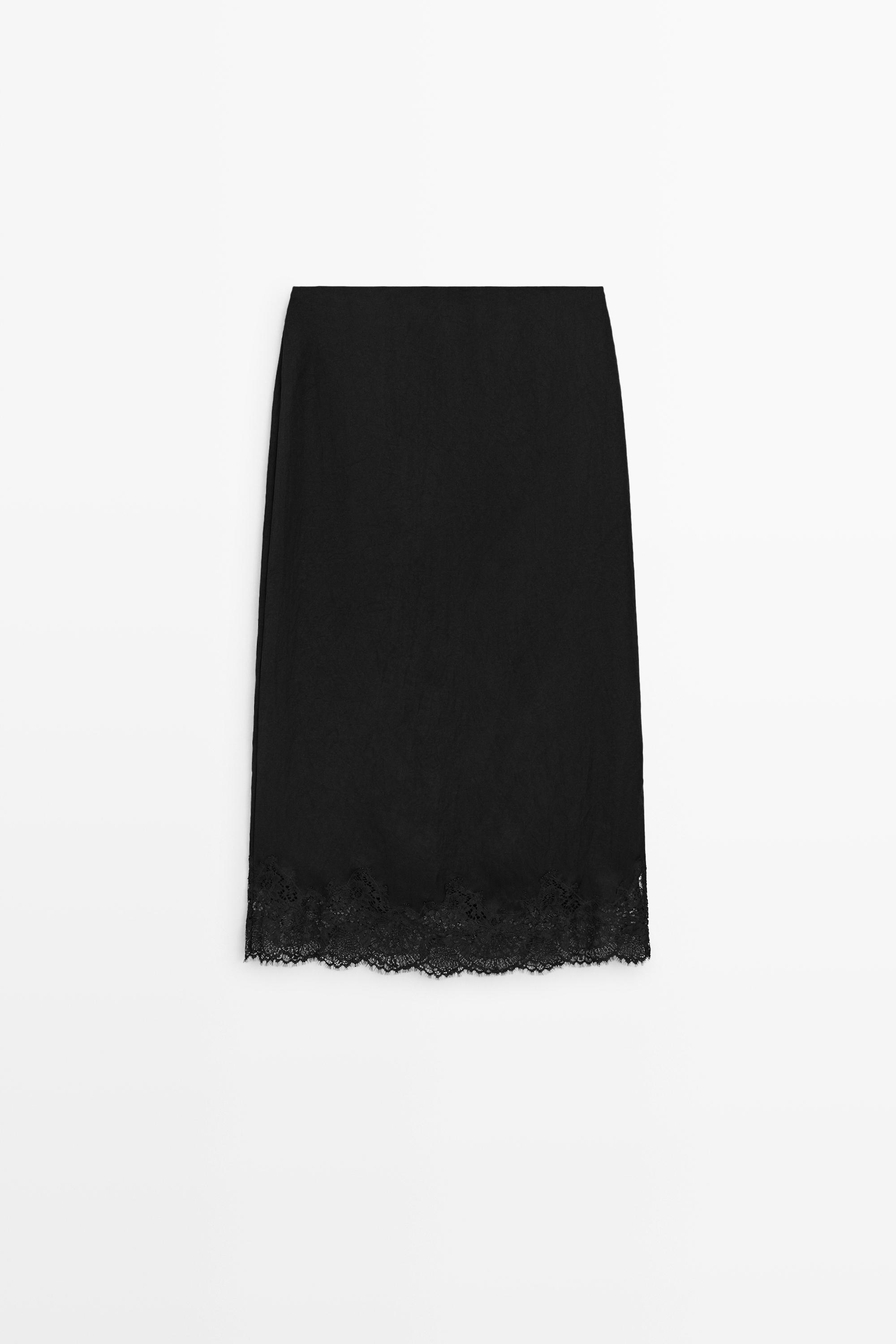 Flowing midi skirt with lace detail Black