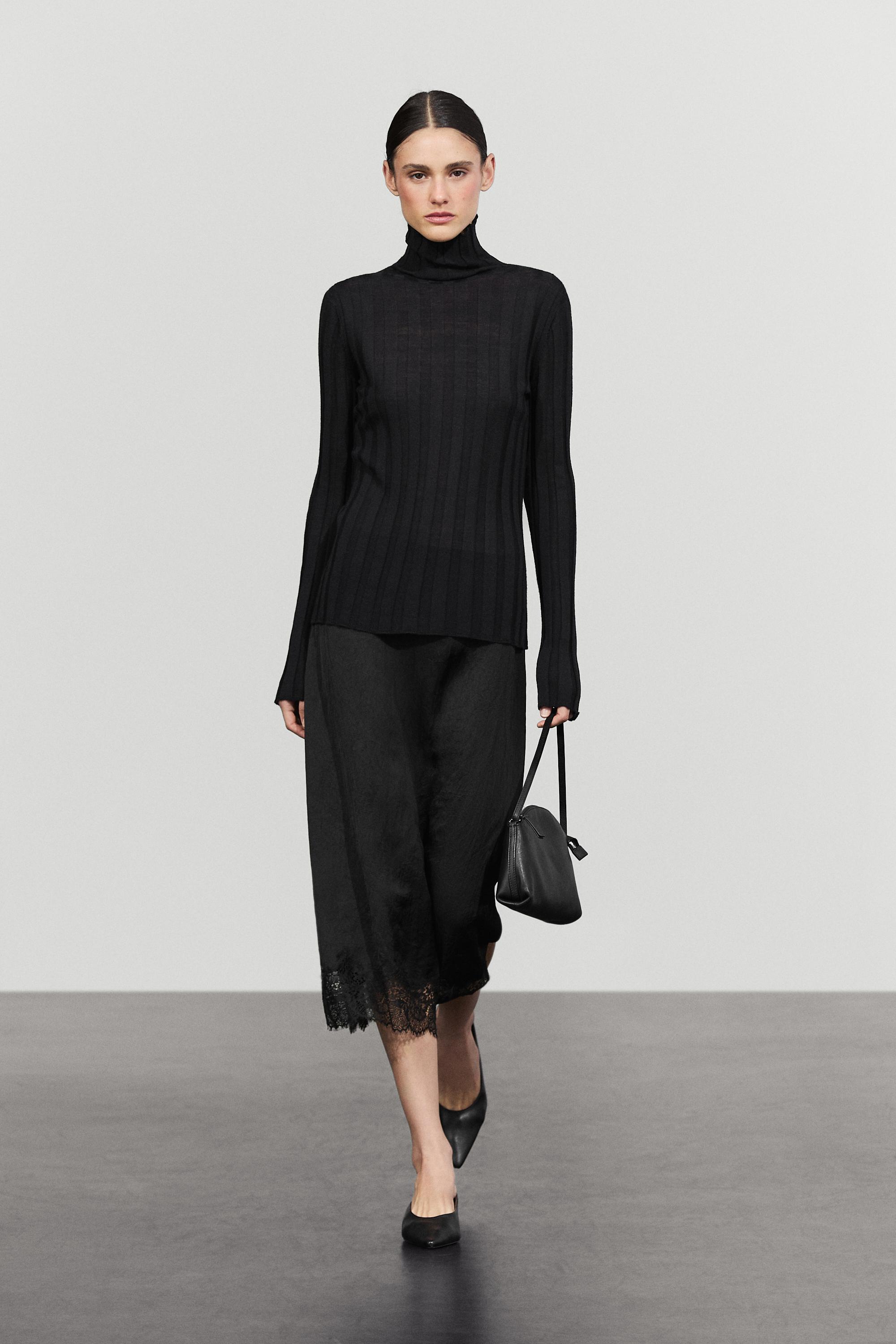 Flowing midi skirt with lace detail Black