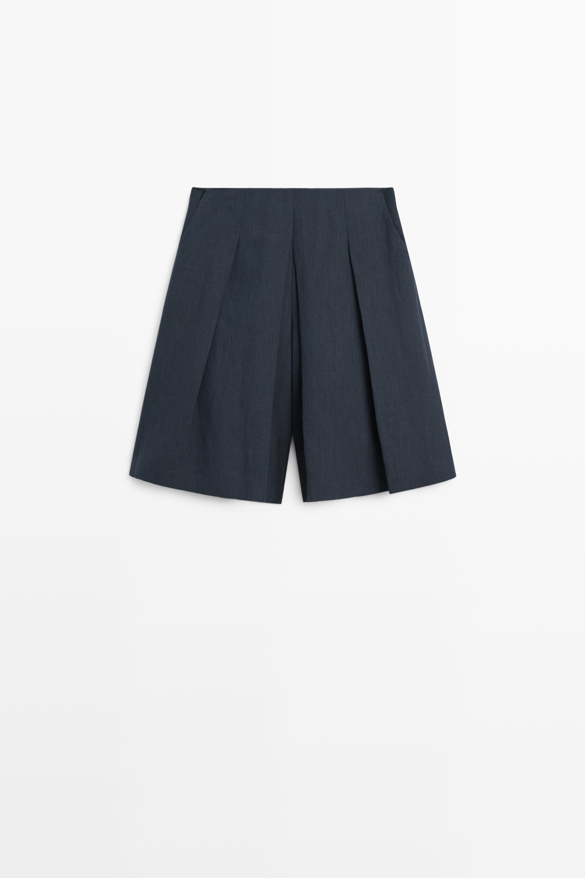 Linen blend Bermuda shorts with pleats Blue