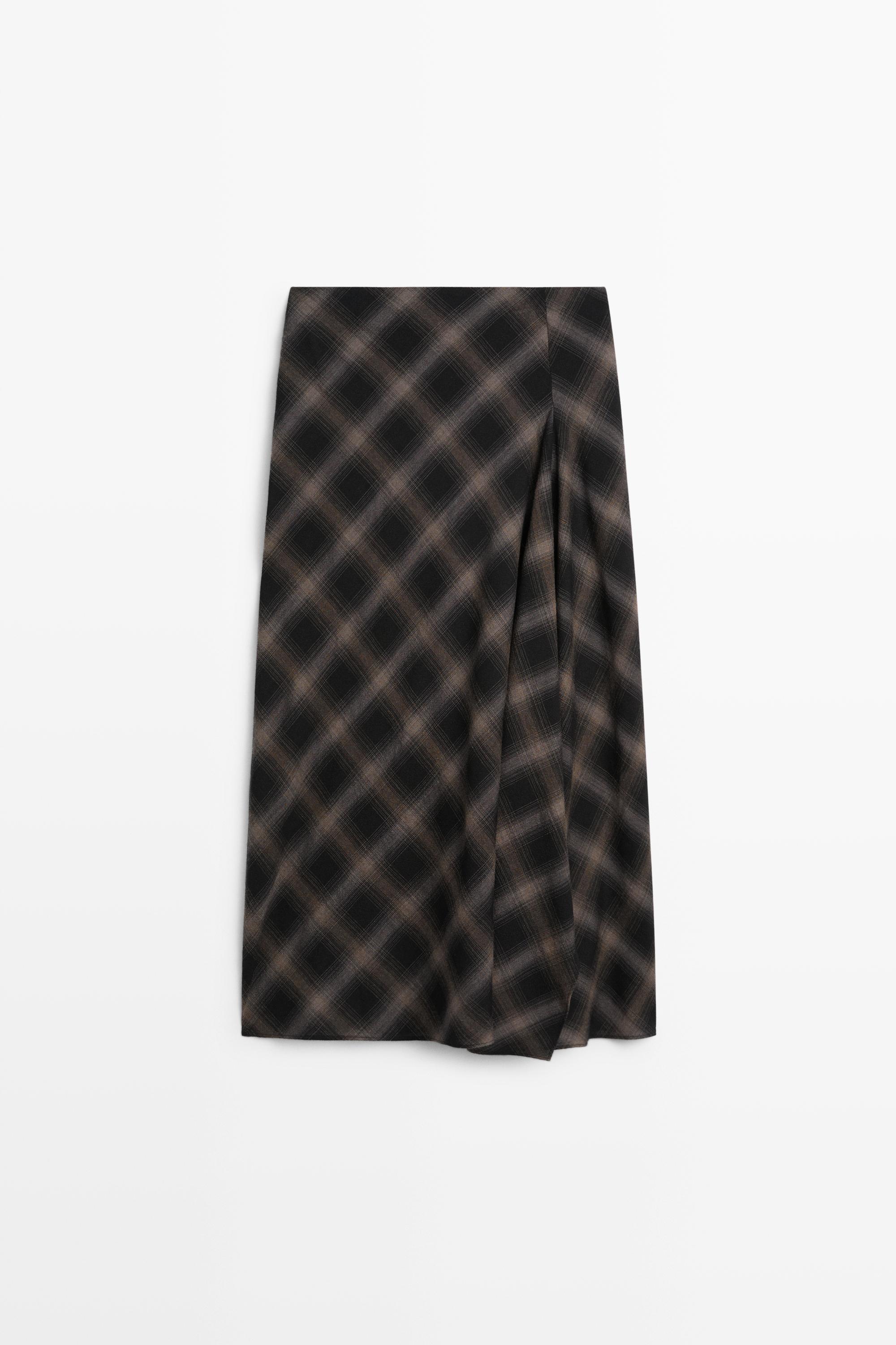 Wool-cotton blend check midi skirt with split Black