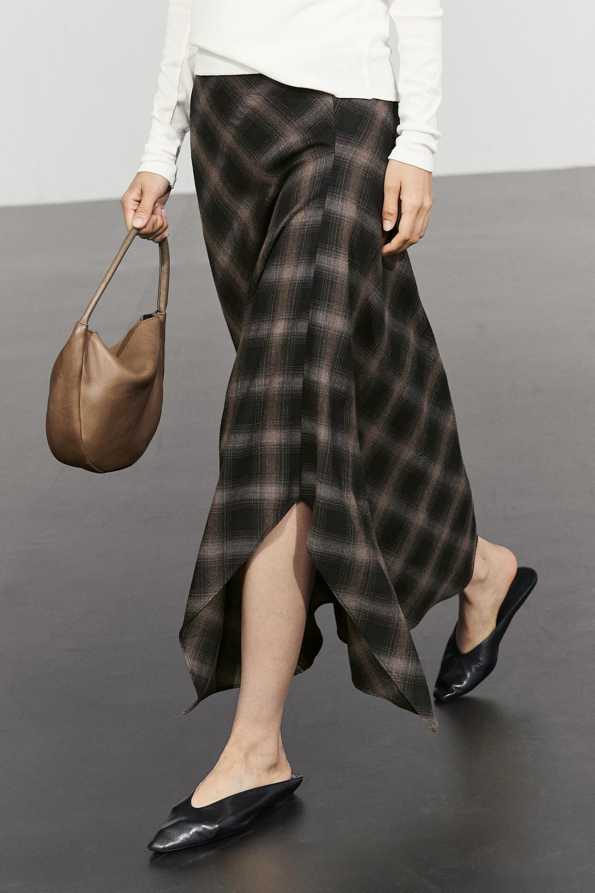Wool-cotton blend check midi skirt with split Black