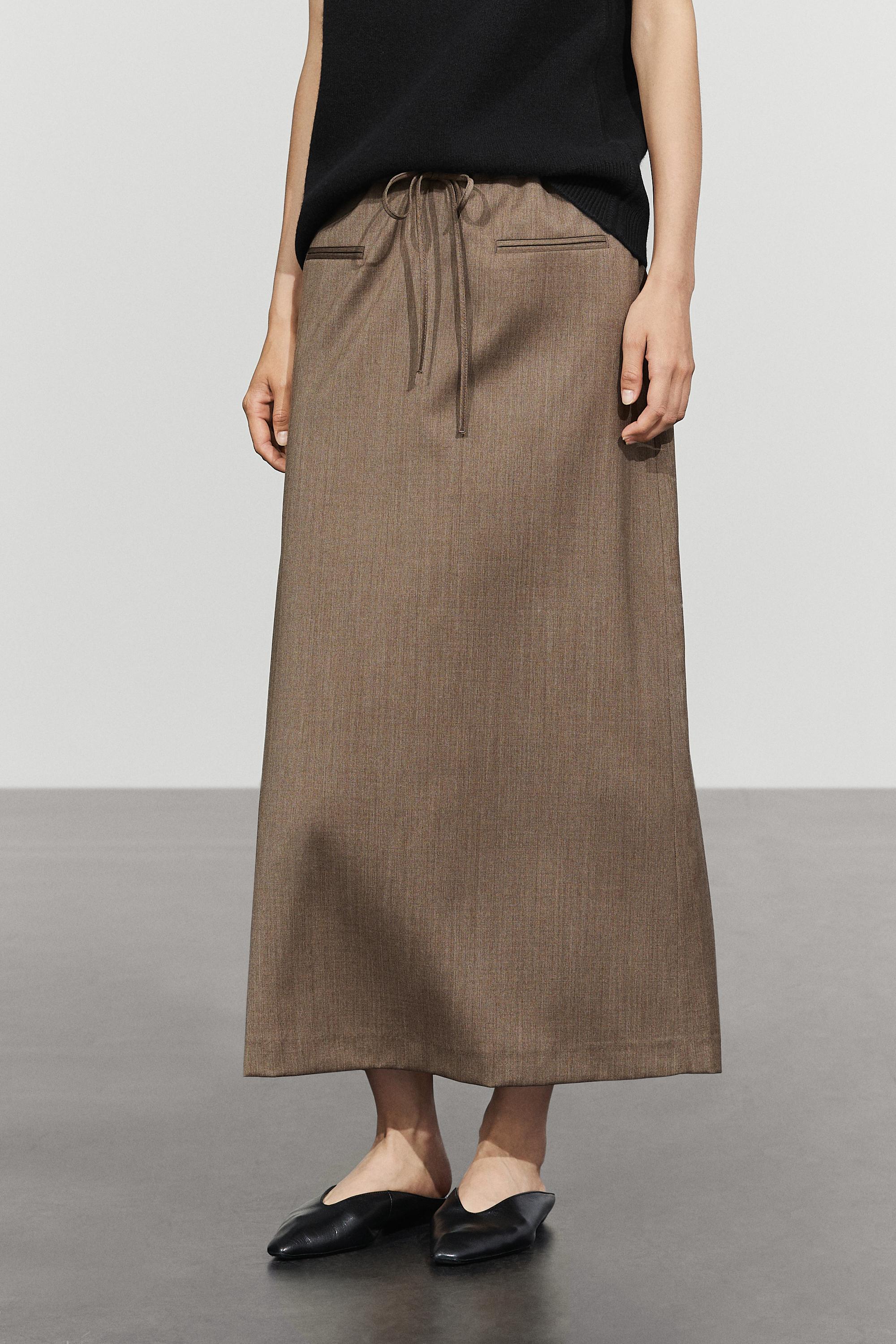 100% wool midi skirt with drawstring Mole Brown