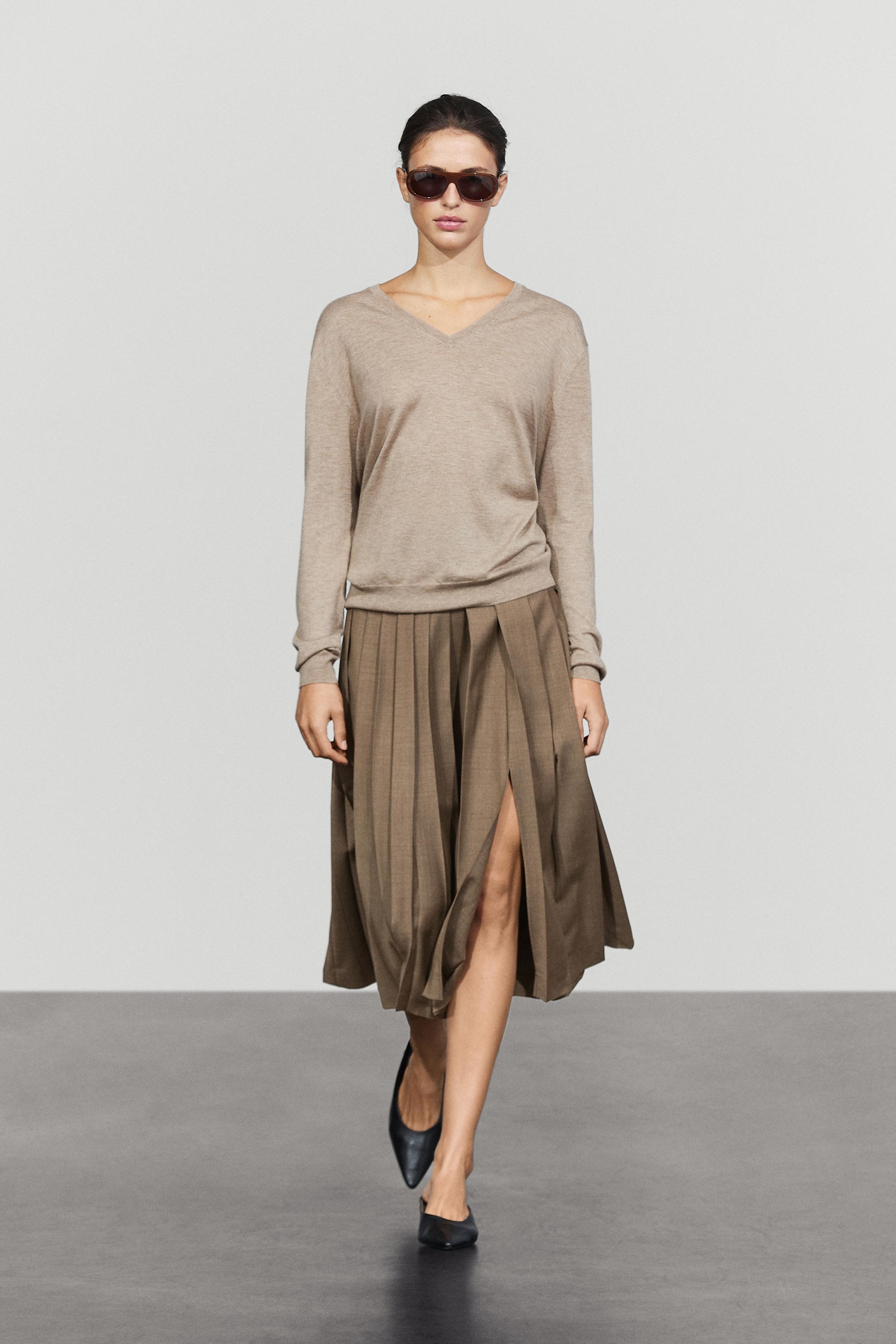 Pleated wool-blend midi skirt Brown