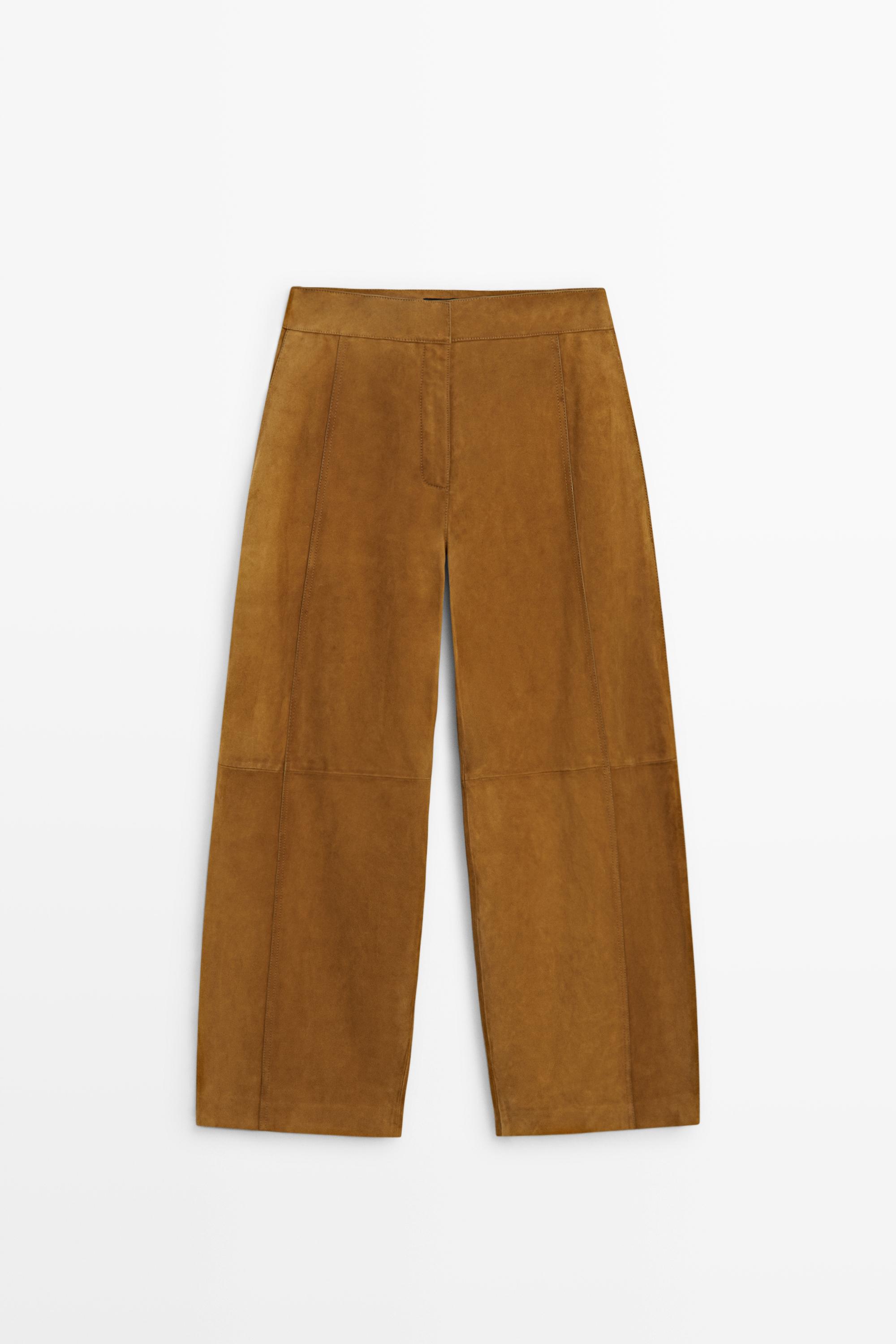 Suede goatskin barrel fit pants Dark Camel