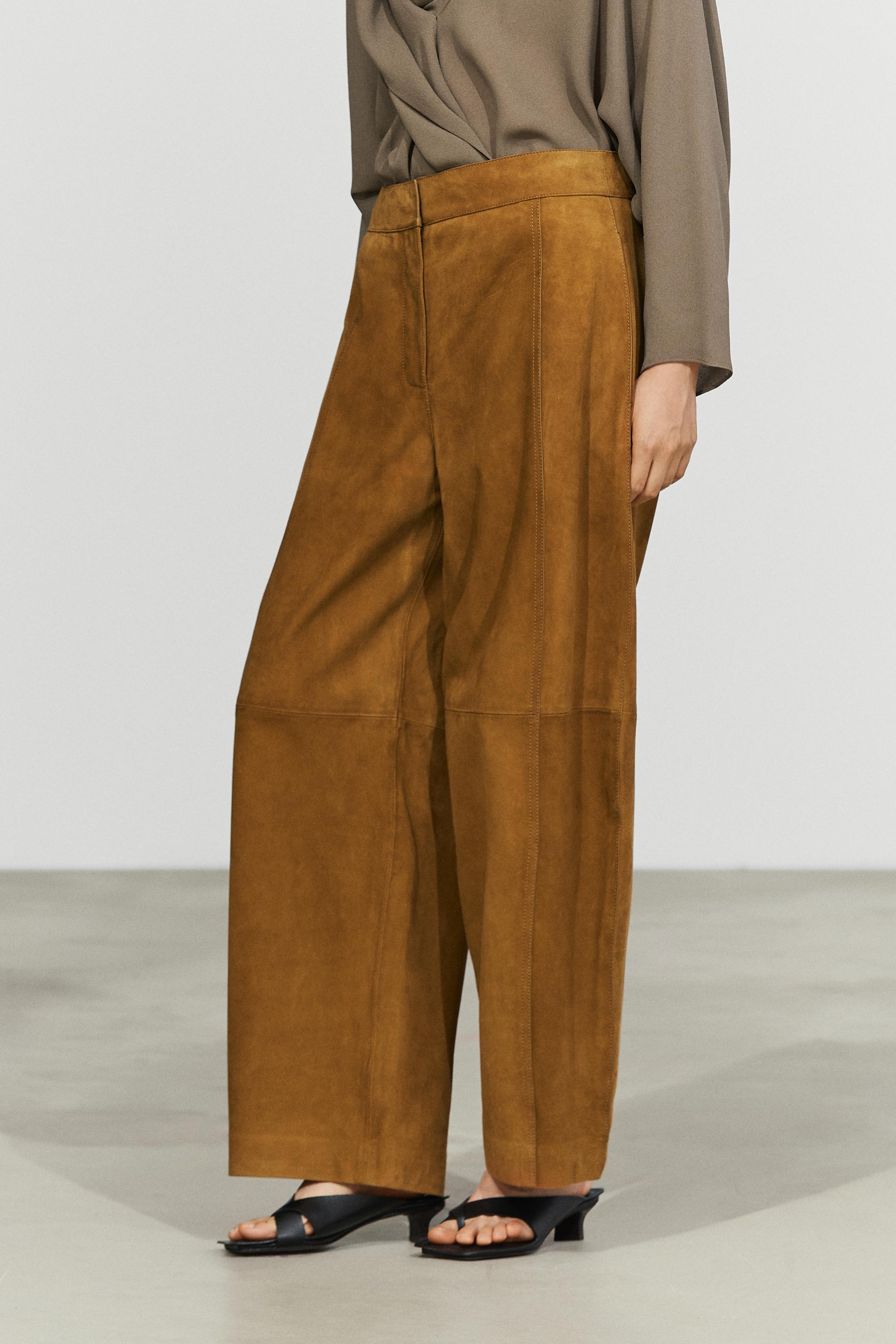 Suede goatskin barrel fit pants Dark Camel