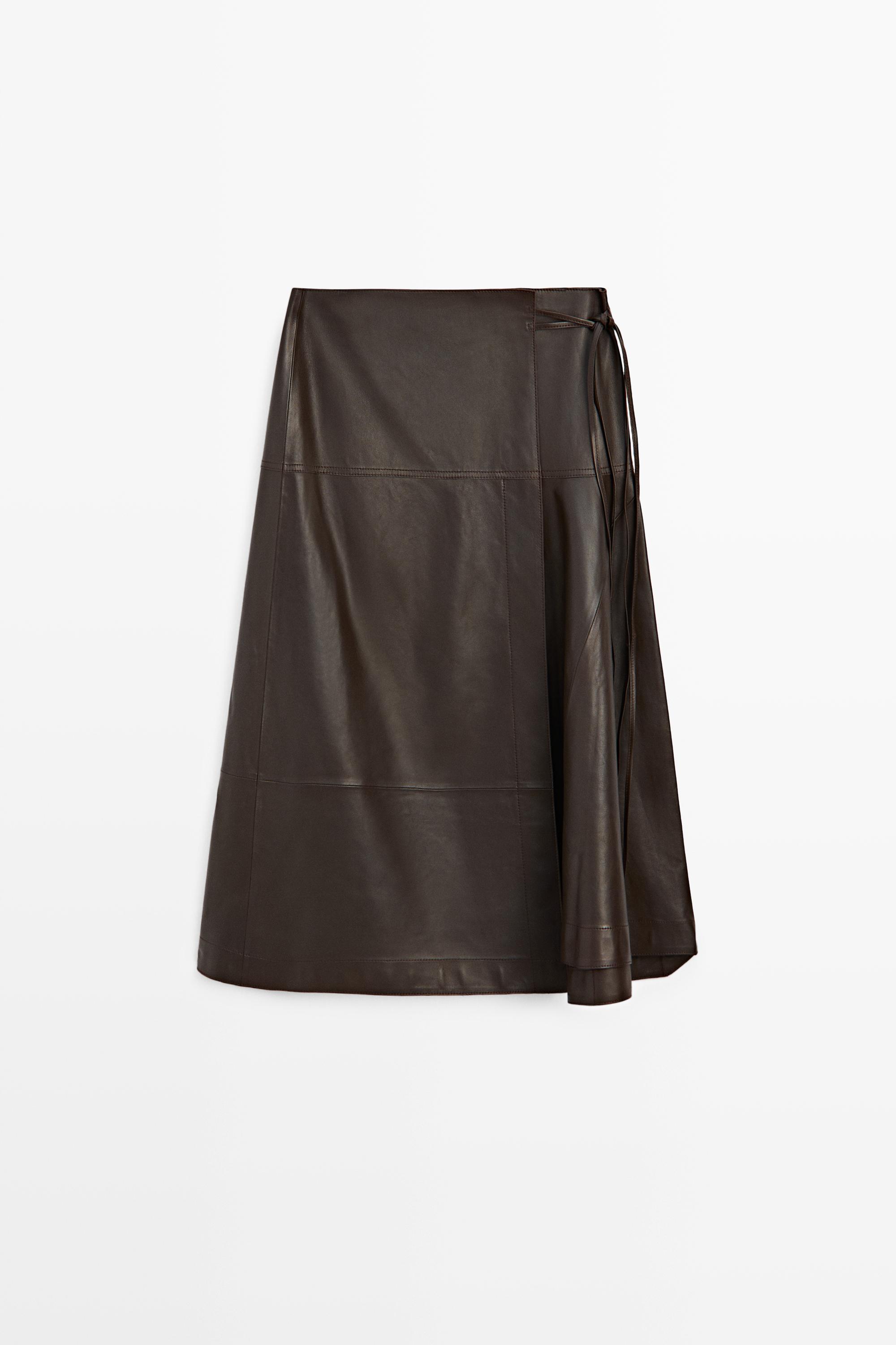 Nappa leather midi skirt with tie detail Brown