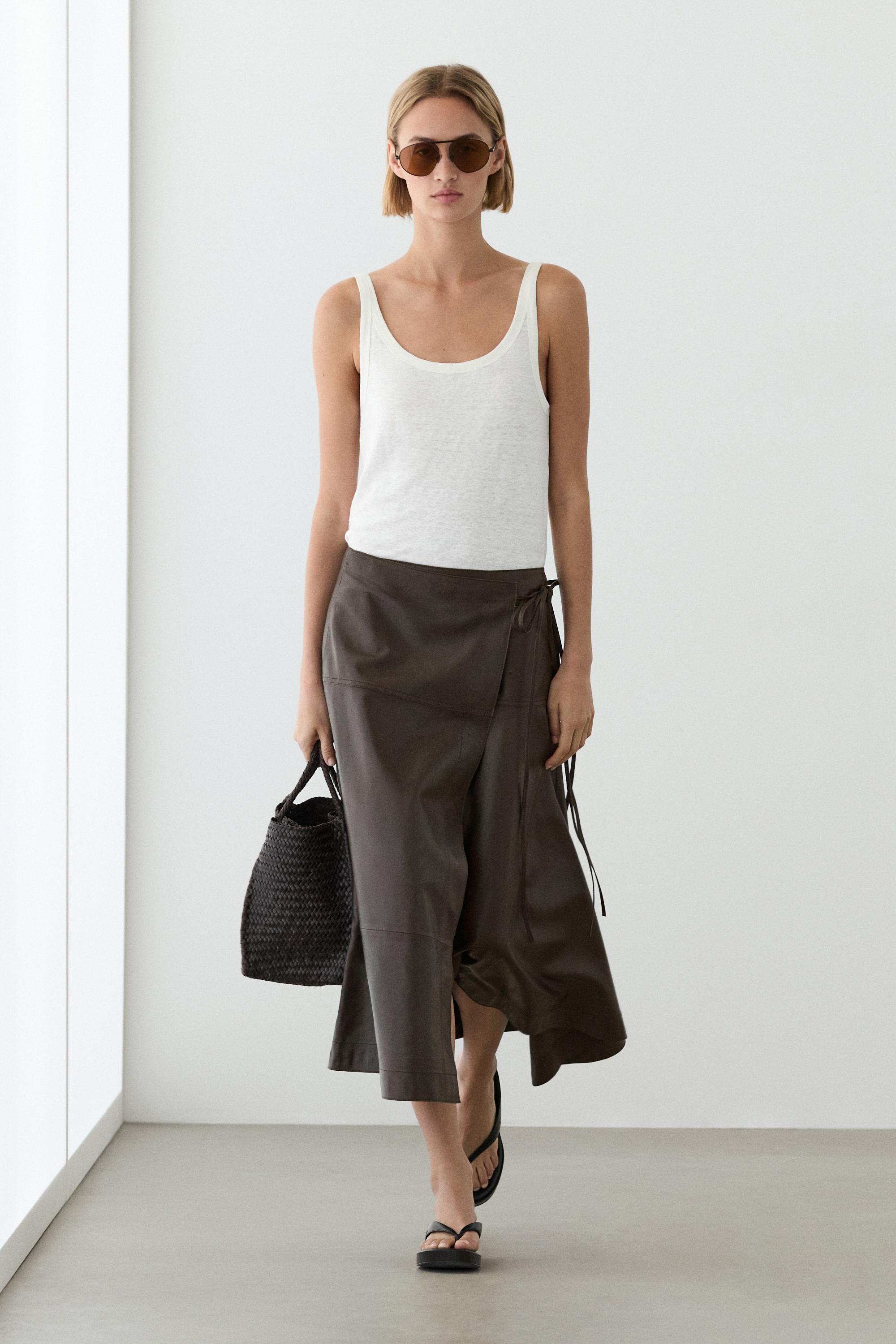 Nappa leather midi skirt with tie detail Brown