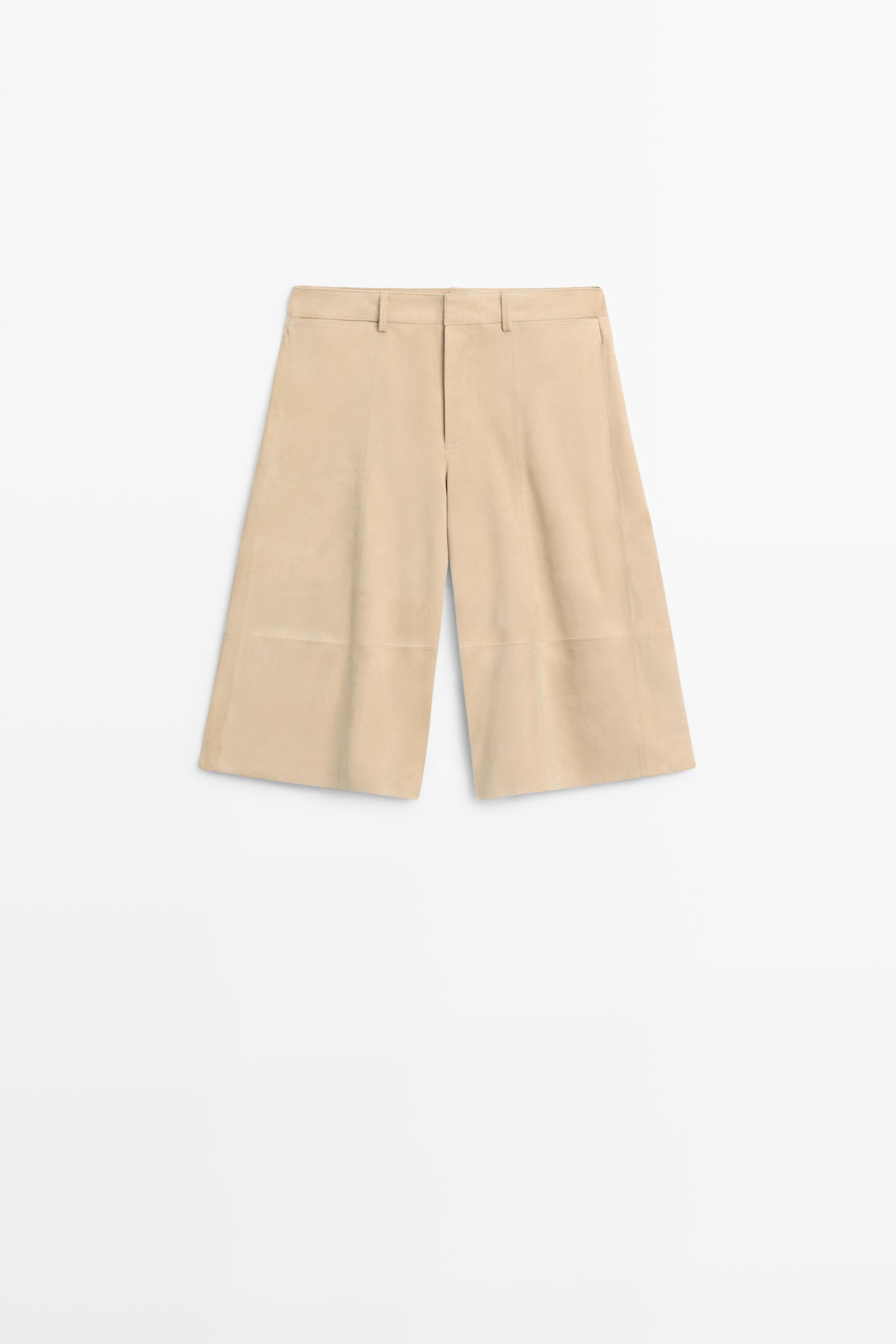 Long suede leather Bermuda shorts Beige