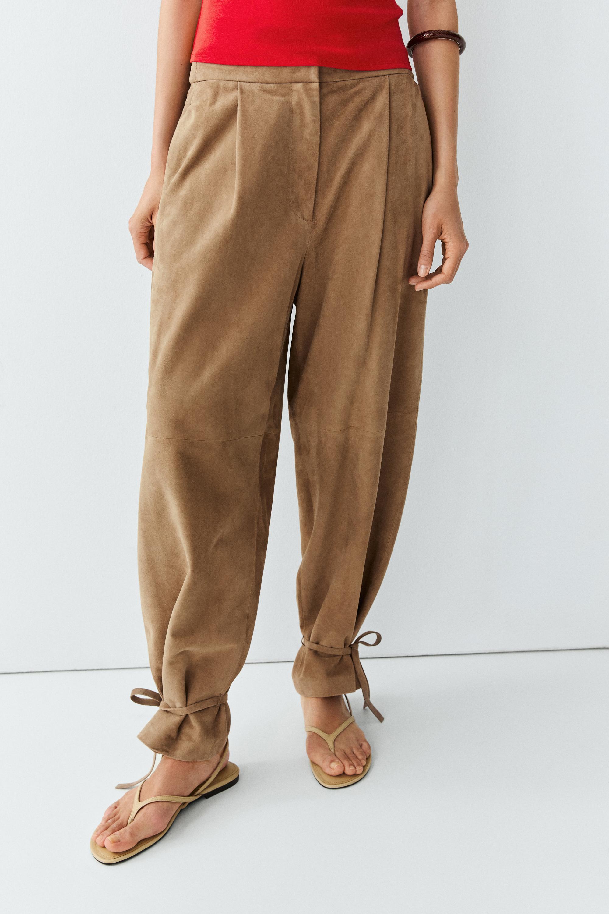 Suede leather pants with tie-detail hems Green