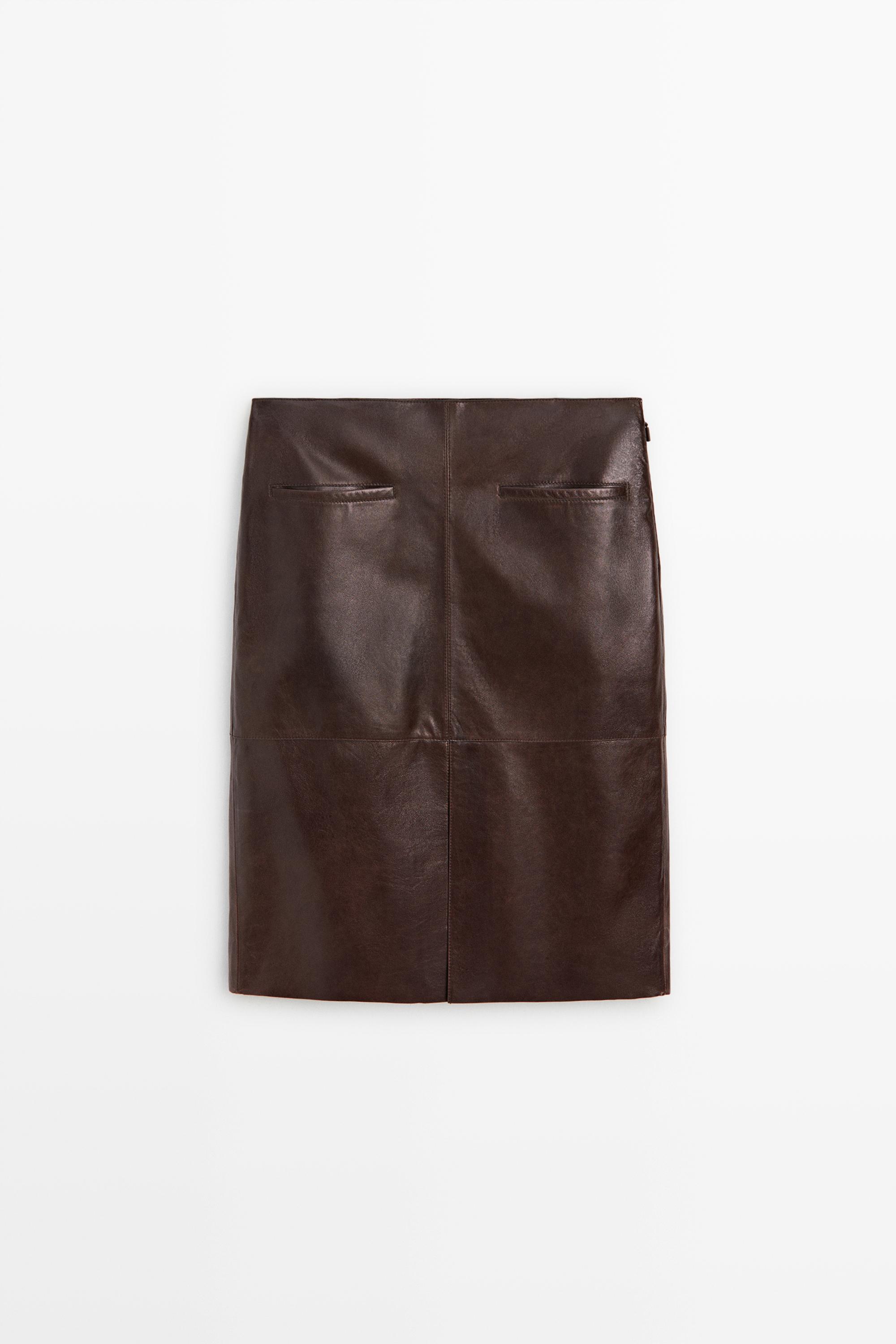 Leather midi skirt with pockets Chocolate