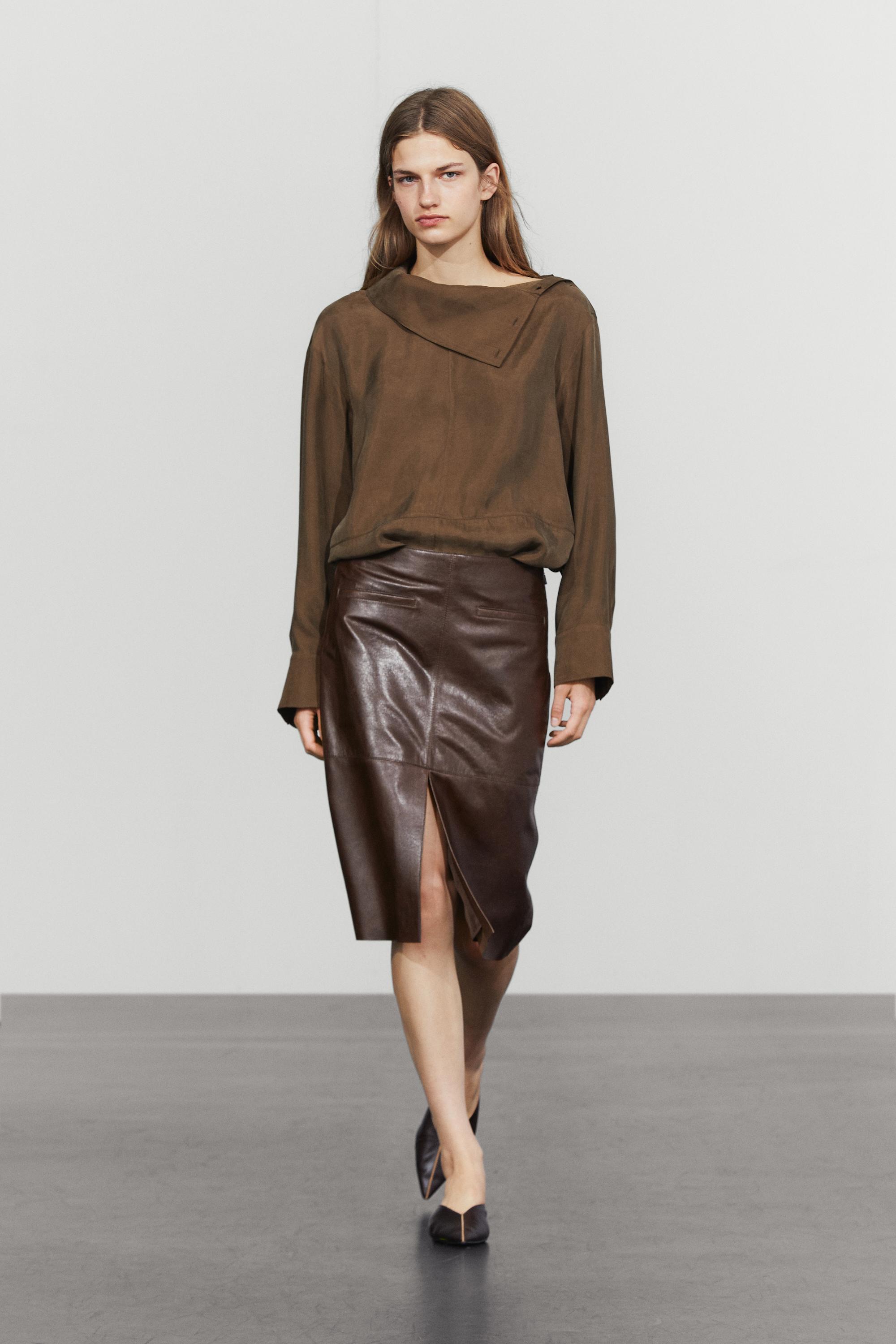 Leather midi skirt with pockets Chocolate