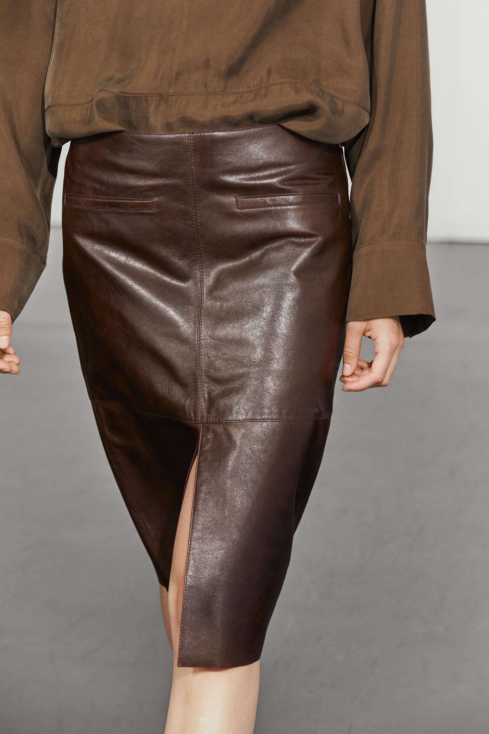 Leather midi skirt with pockets Chocolate
