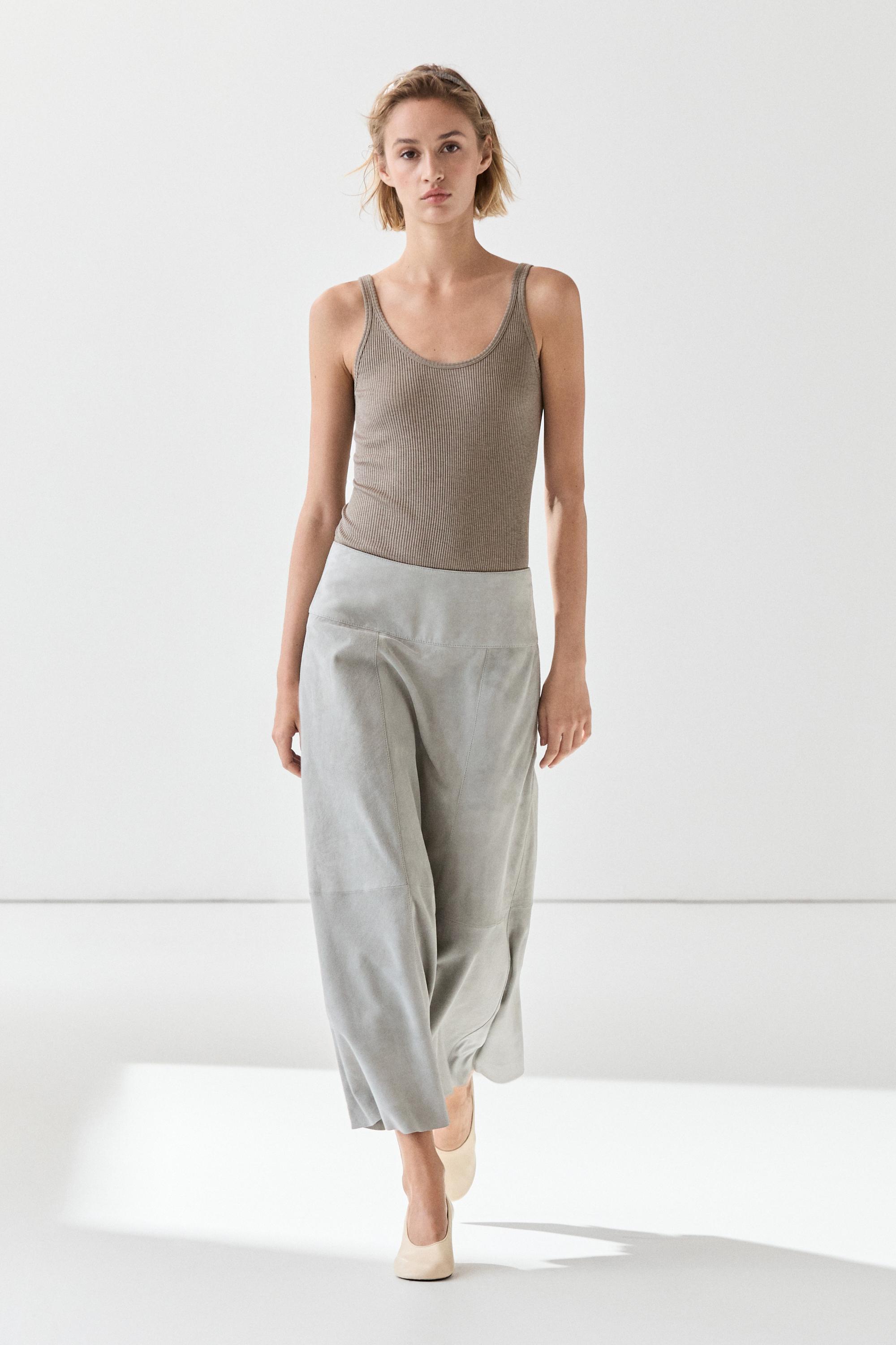 Suede flared midi skirt with sash Bluish Grey