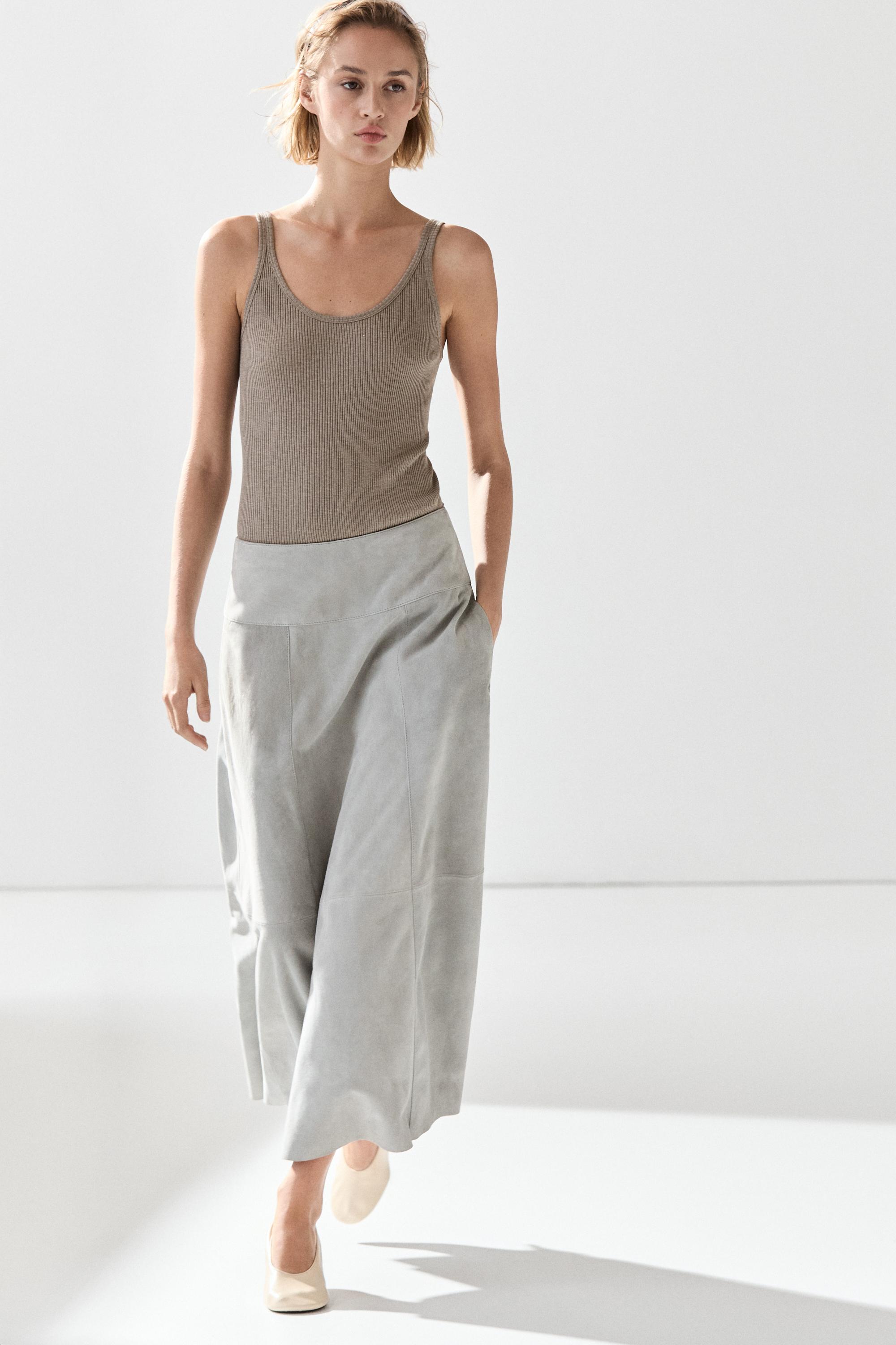 Suede flared midi skirt with sash Bluish Grey