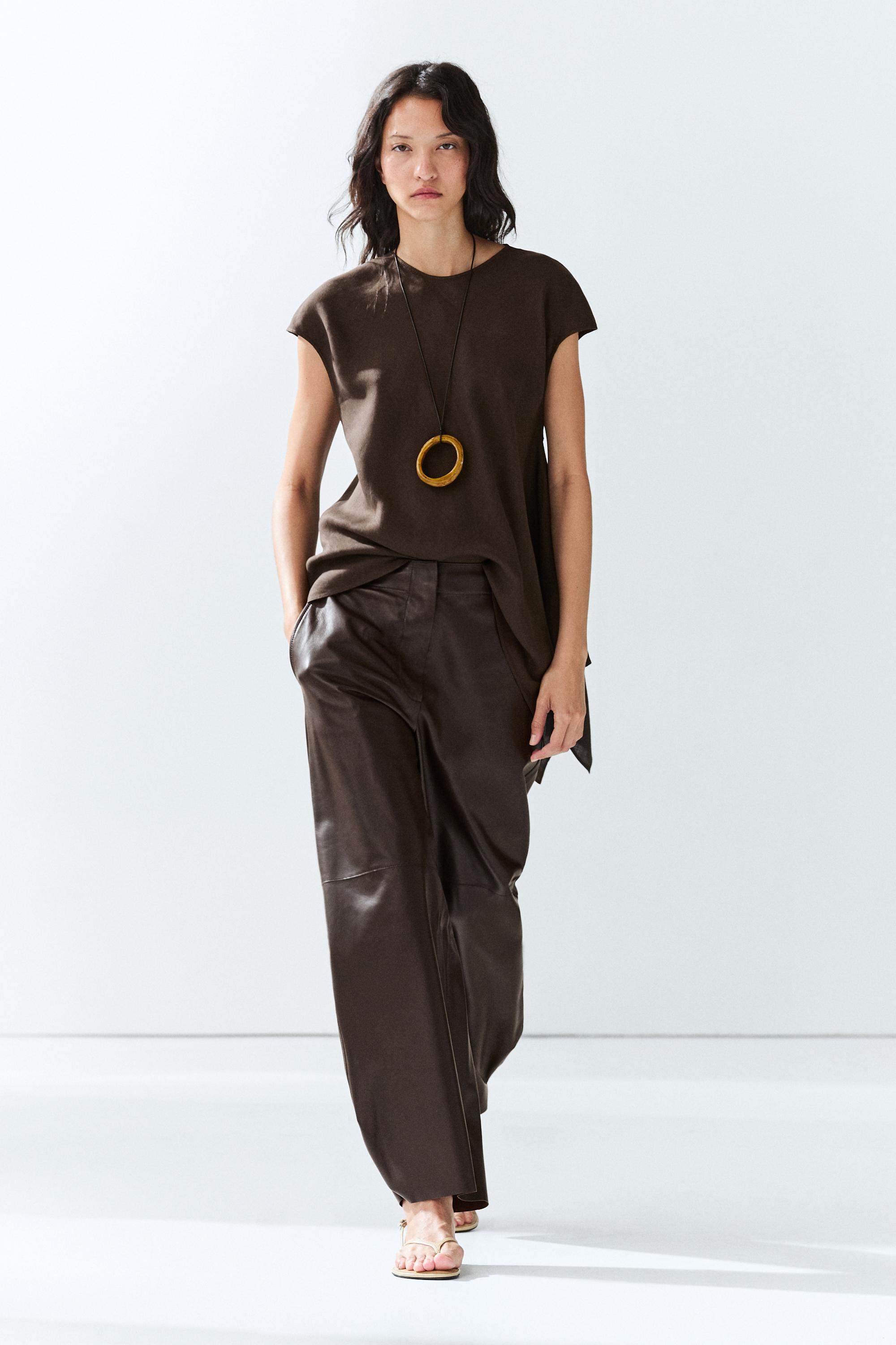 Leather barrel fit pants Brown